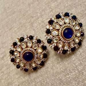 Royal Blue Round Stud Earrings | Gold Floral Studs | Bridal Statement Earrings monzonite