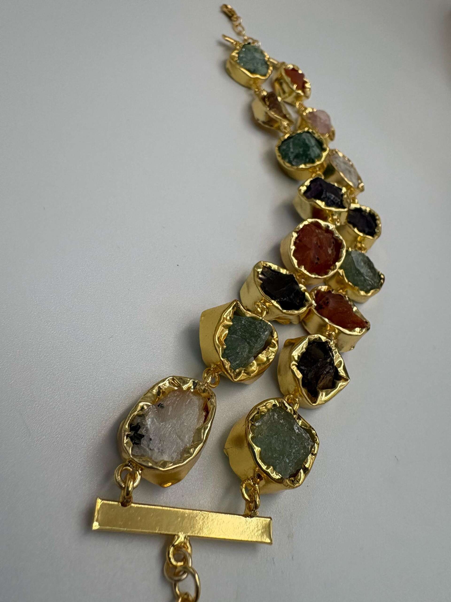 Raw natural Stone Bracelet • Handmade Multi Stone Gold Plated Bracelet • Organic Statement Bracelet • Toggle Clasp Jewelry