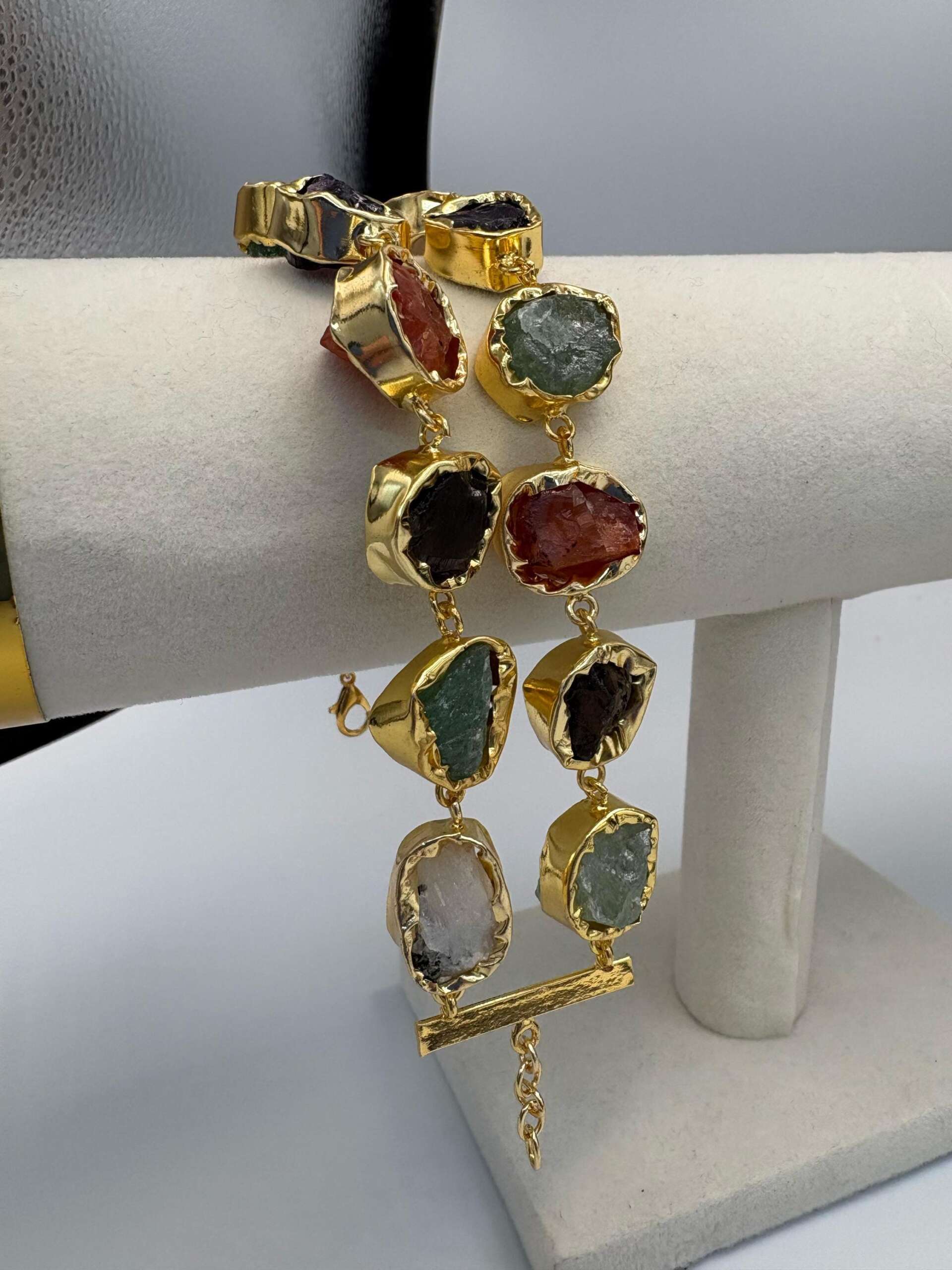Raw natural Stone Bracelet • Handmade Multi Stone Gold Plated Bracelet • Organic Statement Bracelet • Toggle Clasp Jewelry - Image 2