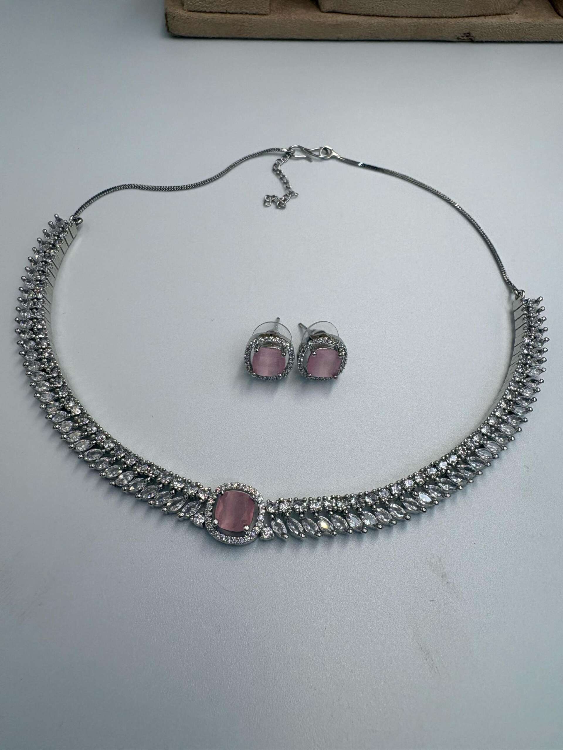 Silver tone delicate Necklace Set with Pink Center Accent • Elegant Necklace & Stud Earrings • Bridal Party Jewelry - Image 3