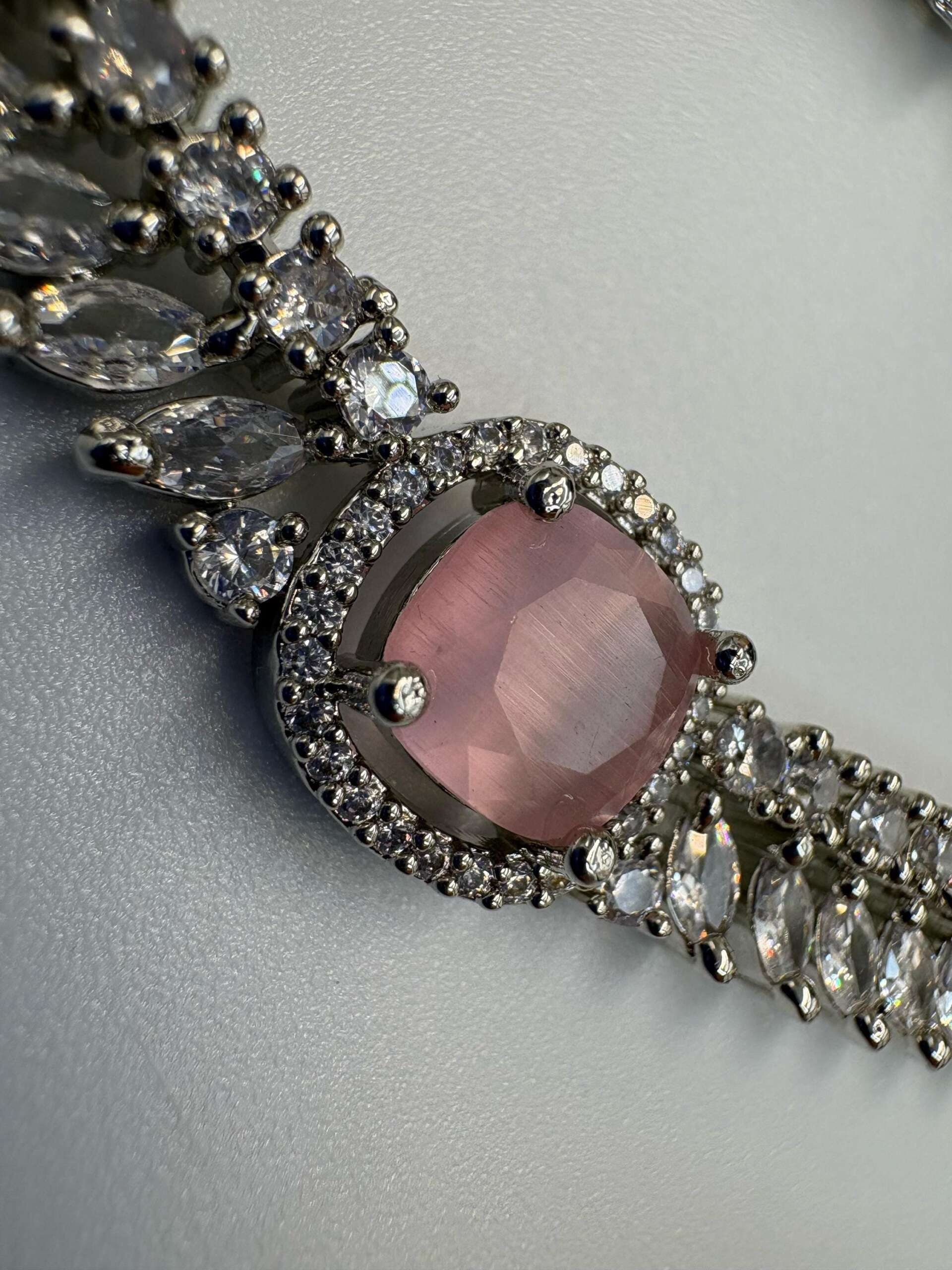 Silver tone delicate Necklace Set with Pink Center Accent • Elegant Necklace & Stud Earrings • Bridal Party Jewelry - Image 4