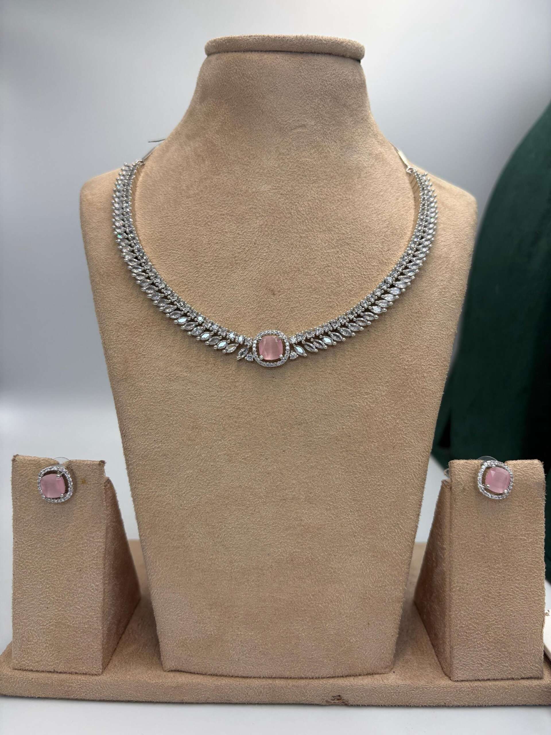 Silver tone delicate Necklace Set with Pink Center Accent • Elegant Necklace & Stud Earrings • Bridal Party Jewelry - Image 2