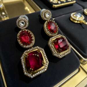 Red Statement Drop Earrings | Gold Tone Bridal Earrings | Luxury Indian Party Jewelry