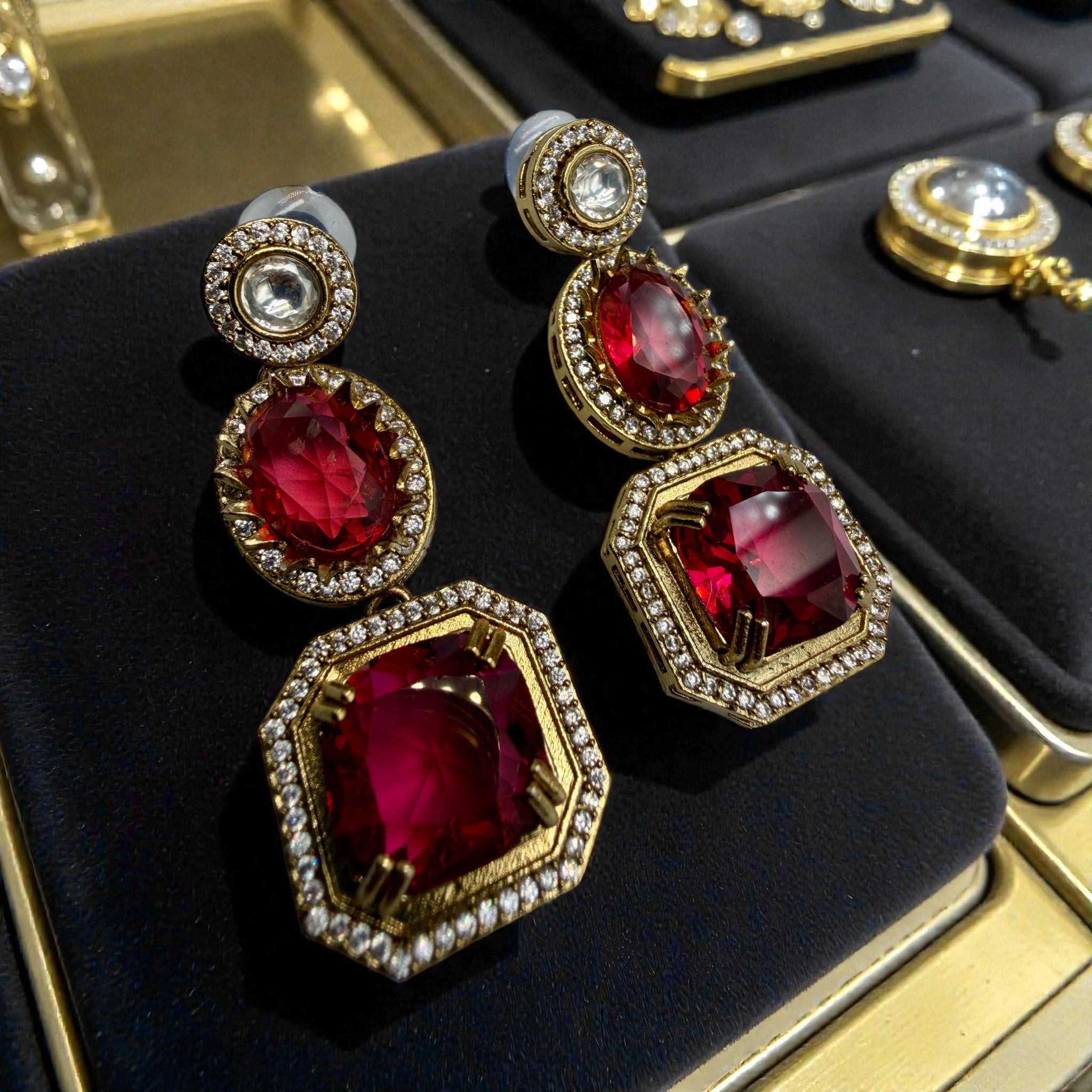 Red Statement Drop Earrings | Gold Tone Bridal Earrings | Luxury Indian Party Jewelry