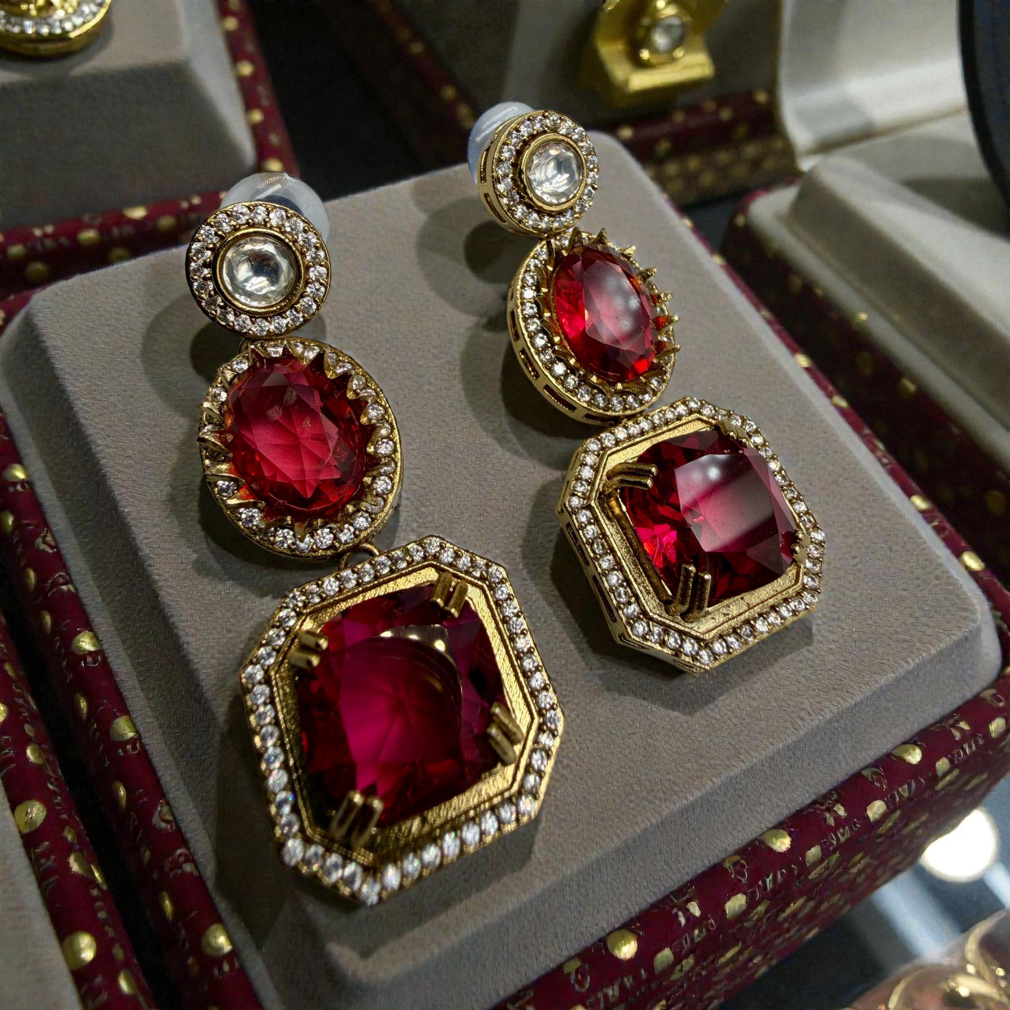 Red Statement Drop Earrings | Gold Tone Bridal Earrings | Luxury Indian Party Jewelry - Image 2