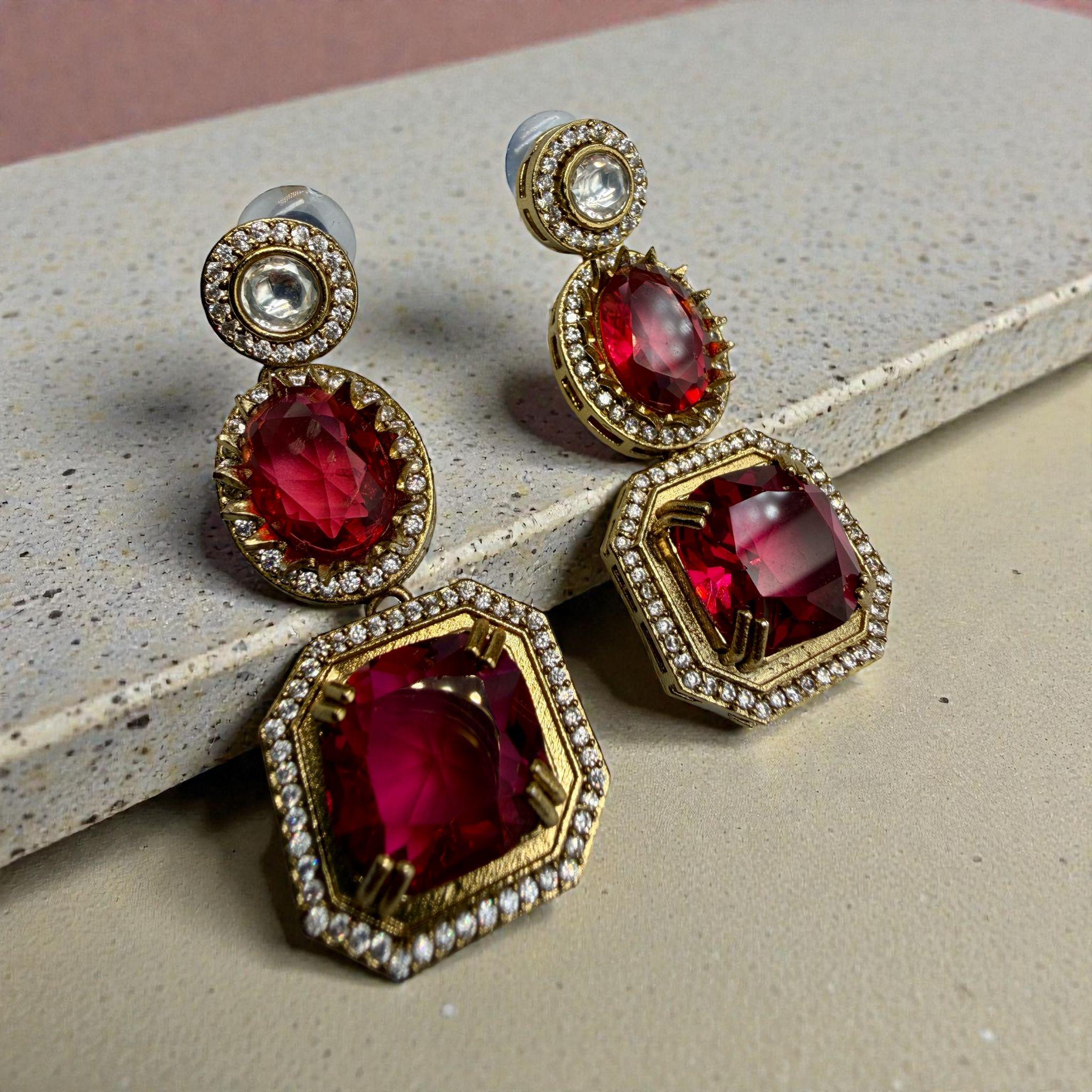 Red Statement Drop Earrings | Gold Tone Bridal Earrings | Luxury Indian Party Jewelry - Image 3