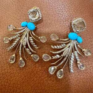Turquoise Statement Earrings | Gold Floral Spray Dangle, Bridal Jewelry