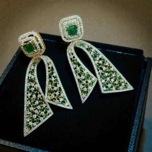 Emerald Green Dangle Earrings | Gold Tone Geometric Crystal Bridal Jewelry