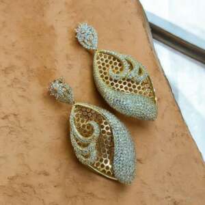 Gold Paisley  large  Earrings | Luxury CZ Drop Earrings | Indian Wedding Statement Jewelry