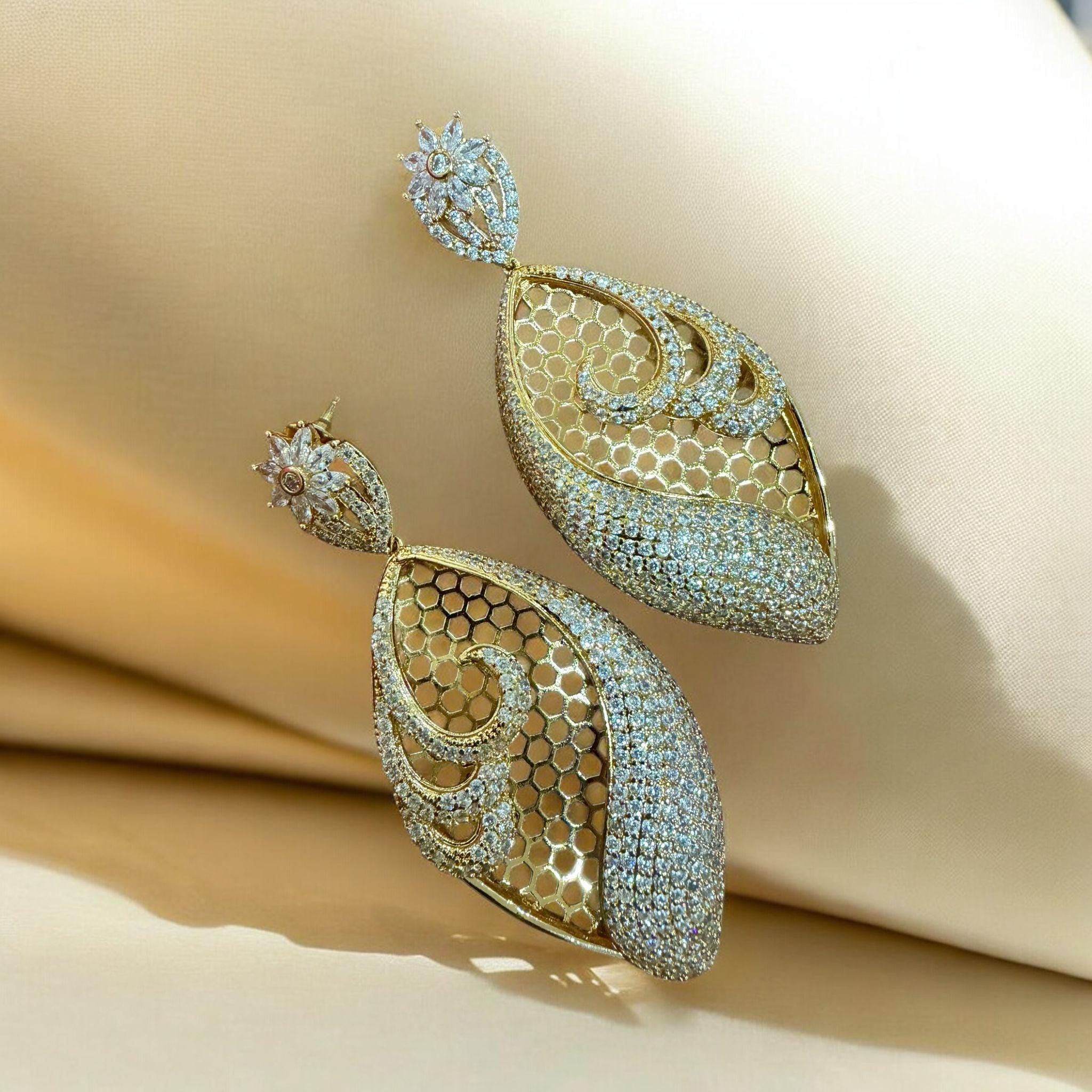 Gold Paisley large Earrings | Luxury CZ Drop Earrings | Indian Wedding Statement Jewelry - Image 2
