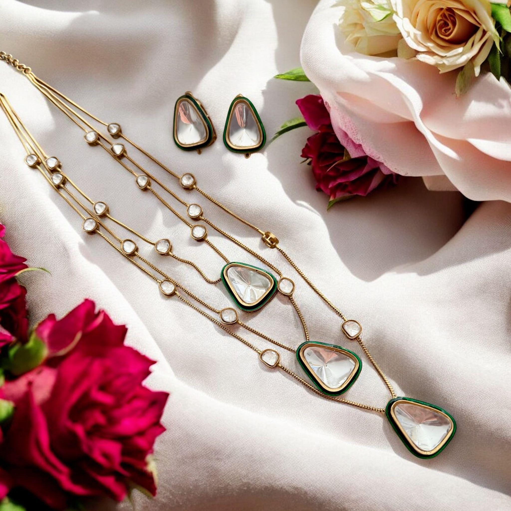 Kundan Necklace Set | Green Enamel, Gold Indian Jewelry - Image 5