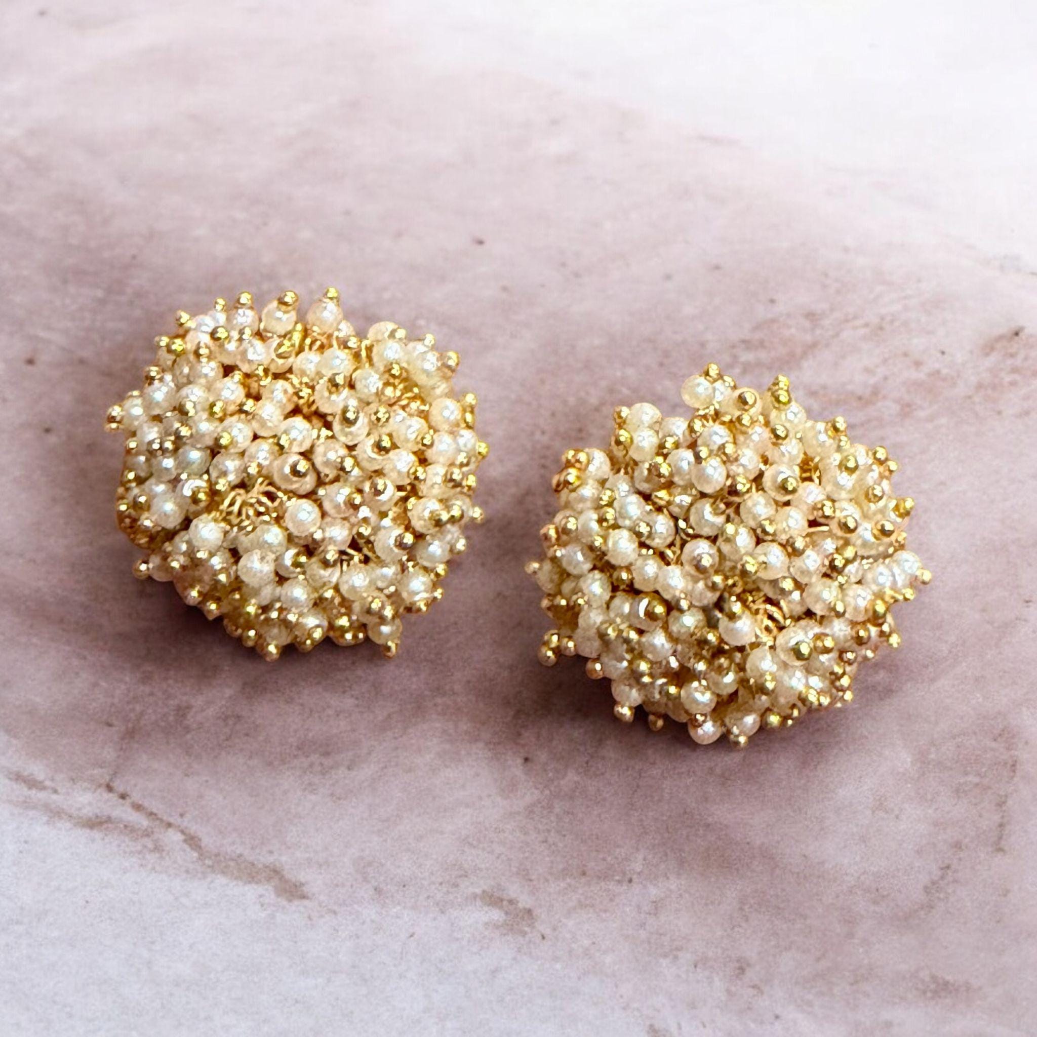 Pearl Cluster Stud Earrings | Handwoven Bridal Studs | Minimal Wedding & Festive Jewelry - Image 3