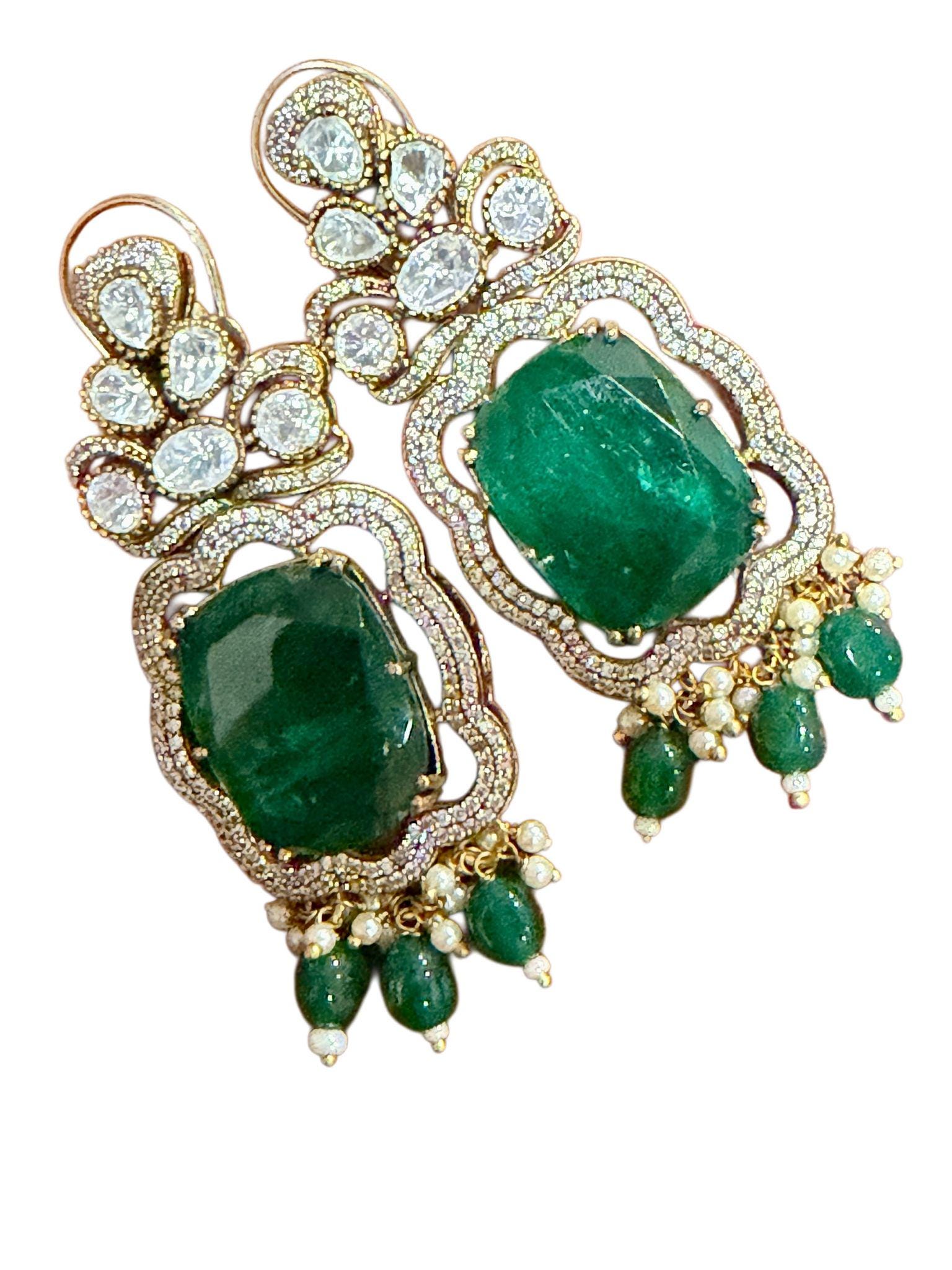 Emerald Green monzonite Choker Set | Bridal Necklace & Earrings | Traditional Wedding Jewelry - Image 3