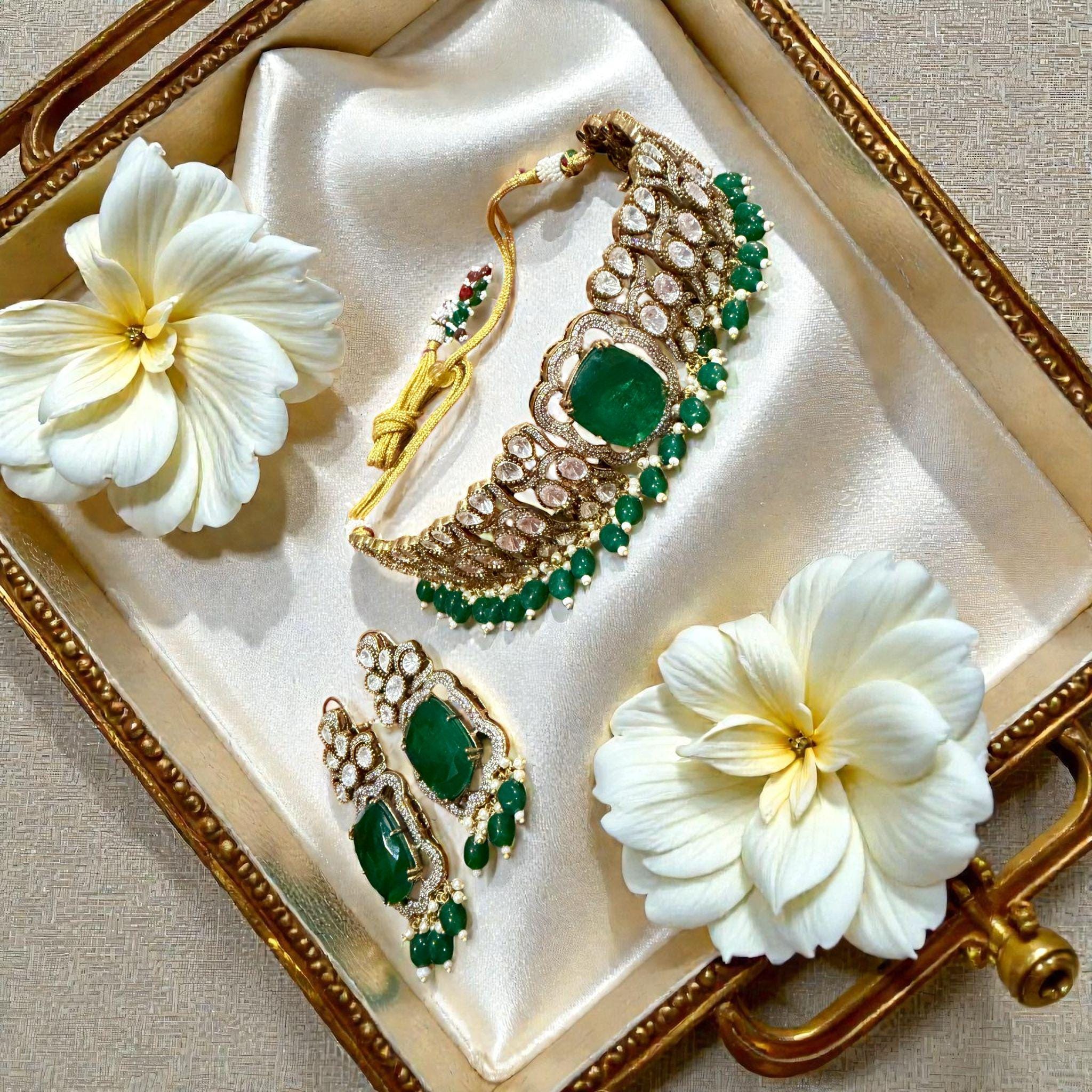 Emerald Green monzonite Choker Set | Bridal Necklace & Earrings | Traditional Wedding Jewelry - Image 5
