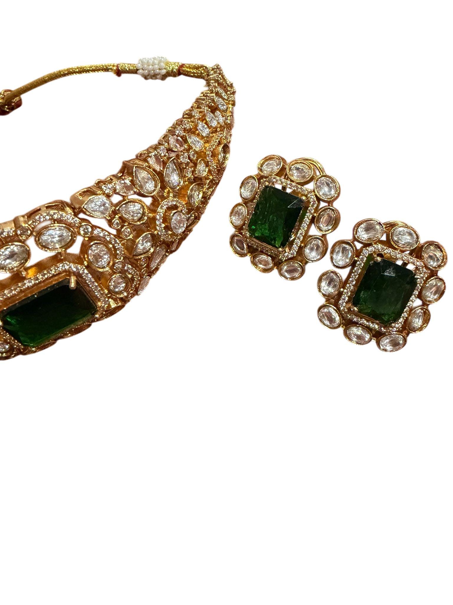 Regal Green monzonite Choker Set with Matching Stud Earrings | Vintage Bridal Statement Jewelry - Image 3