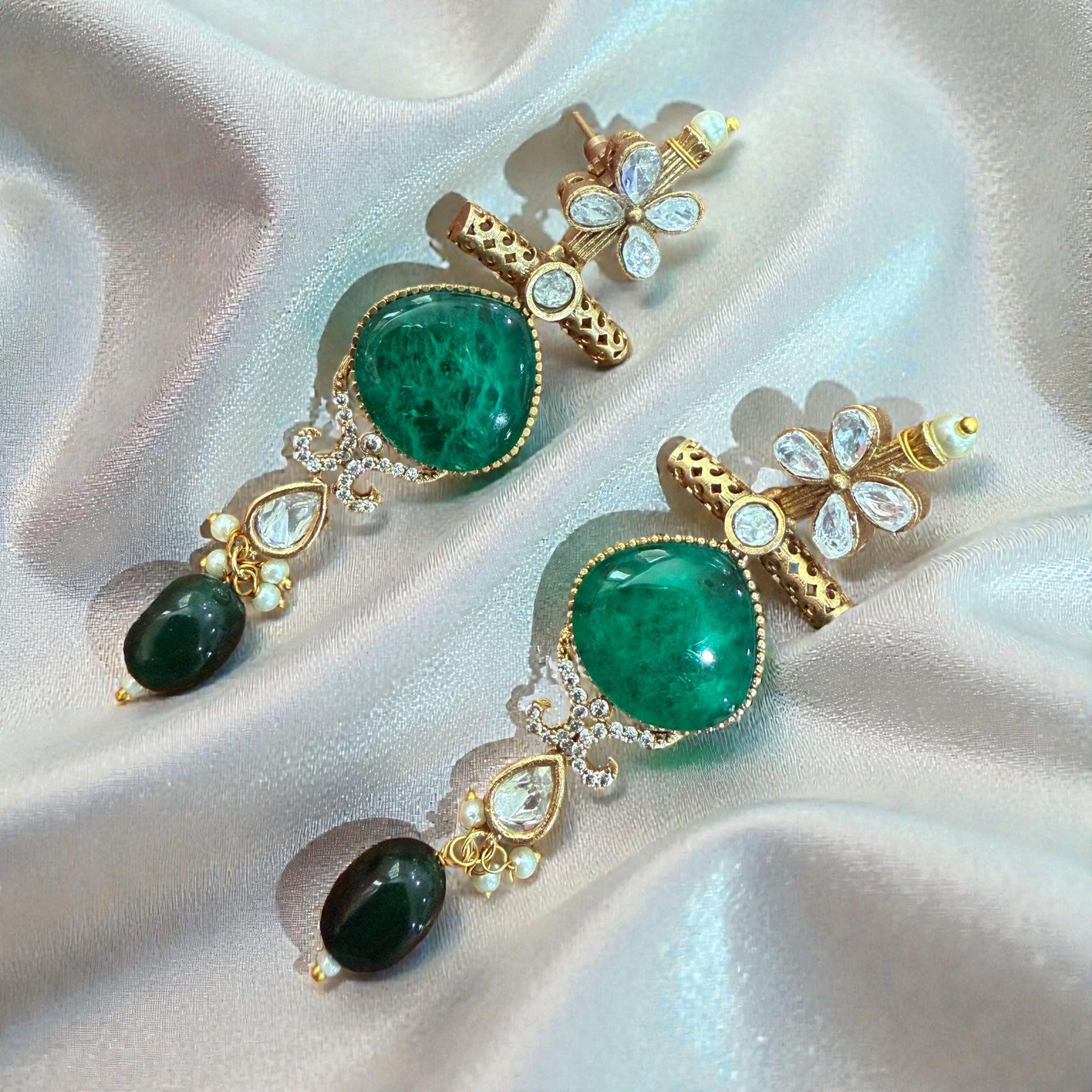 Emerald Green Stone Dangle Earrings | Gold & Silver Tone, Bridal