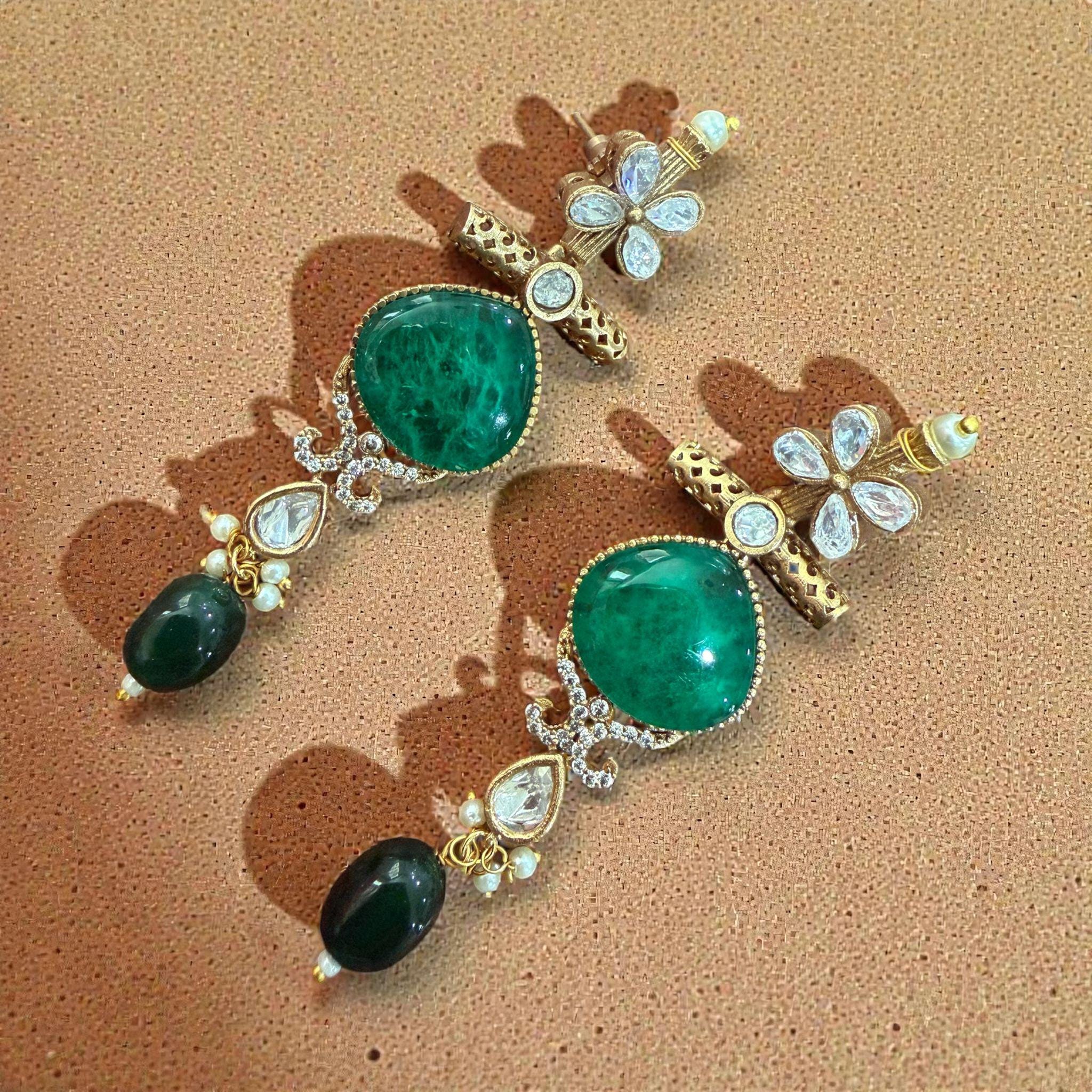 Emerald Green Stone Dangle Earrings | Gold & Silver Tone, Bridal - Image 2