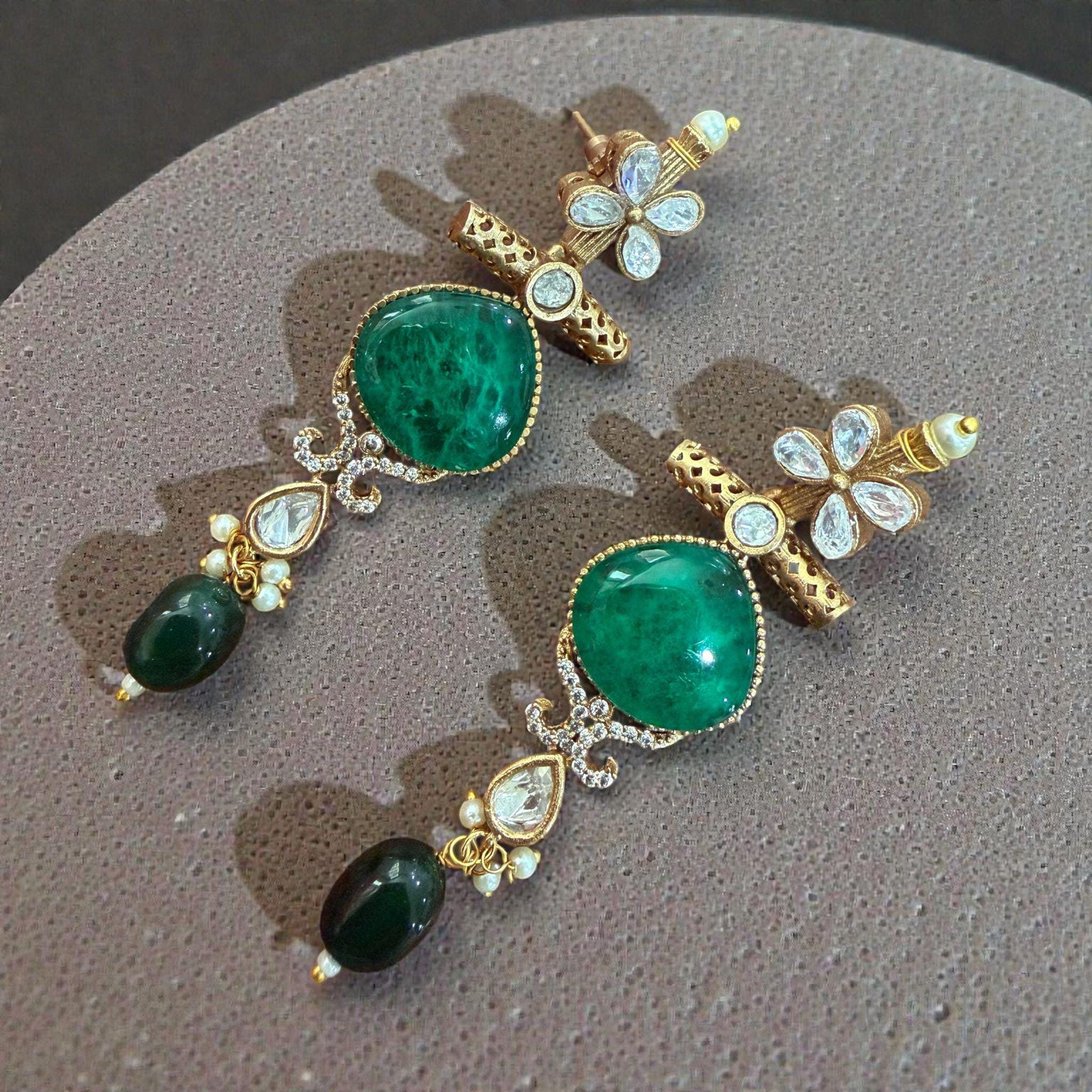 Emerald Green Stone Dangle Earrings | Gold & Silver Tone, Bridal - Image 3