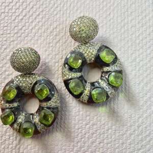 Green Statement Earrings | Gold Tone Pavé Circle Dangle