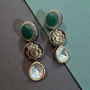 Ganesha Earrings | Green Stone Kundan Indian Jewelry