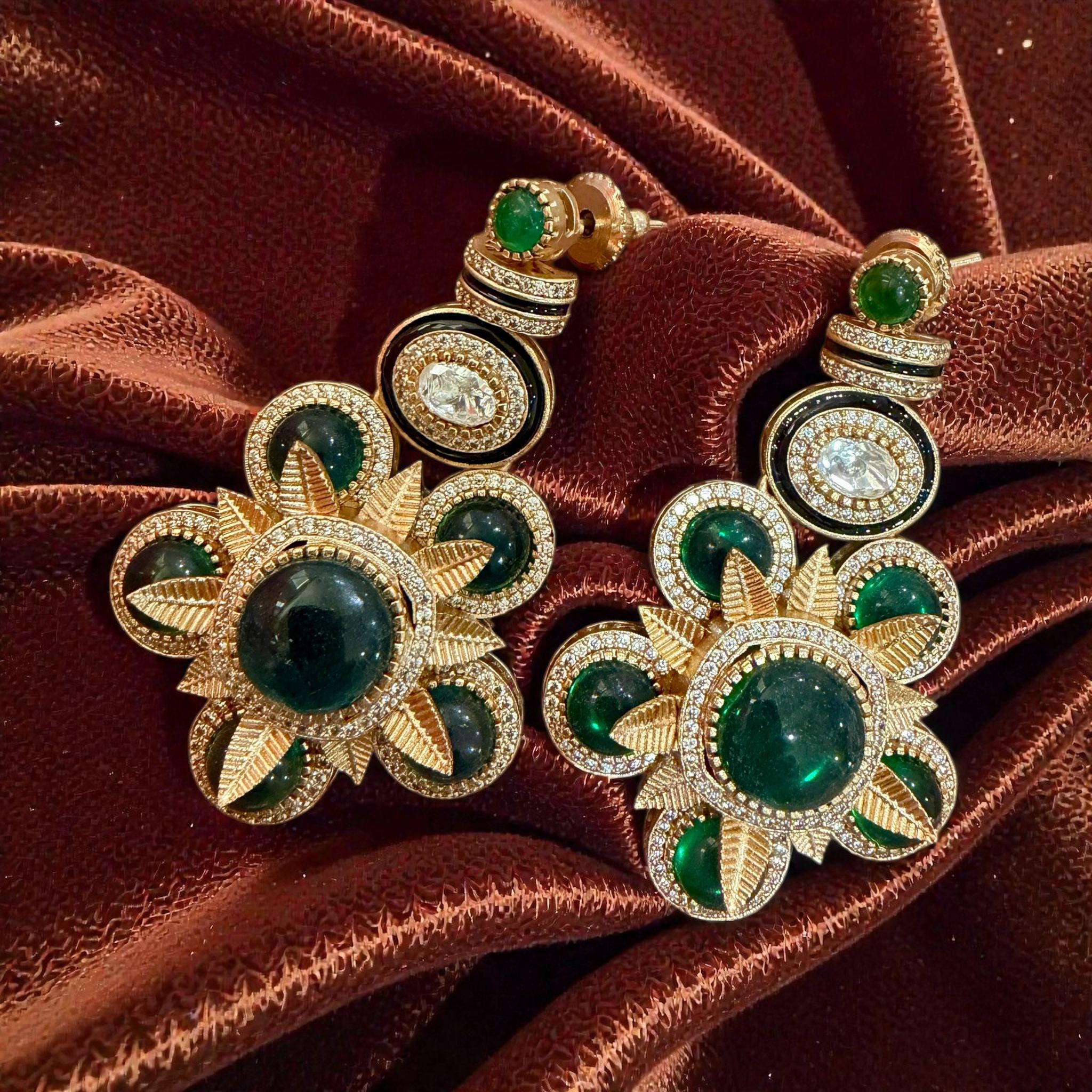 Emerald Green Floral Earrings | Gold Tone Crystal Statement Jewelry - Image 2