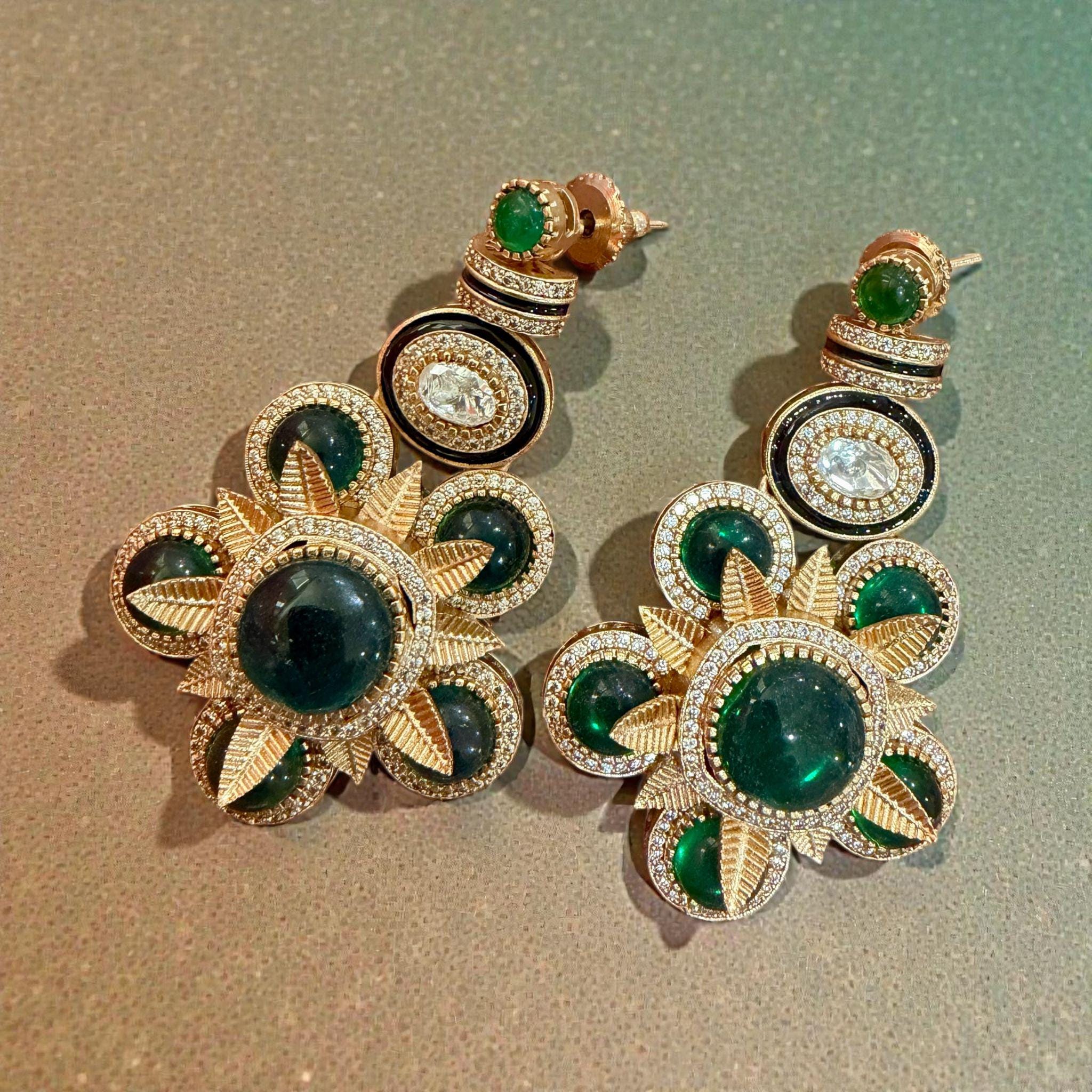 Emerald Green Floral Earrings | Gold Tone Crystal Statement Jewelry - Image 3