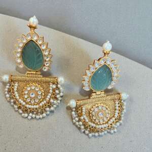 Green Stone Chandelier Earrings | Gold Mughal Indian Bridal Jewelry