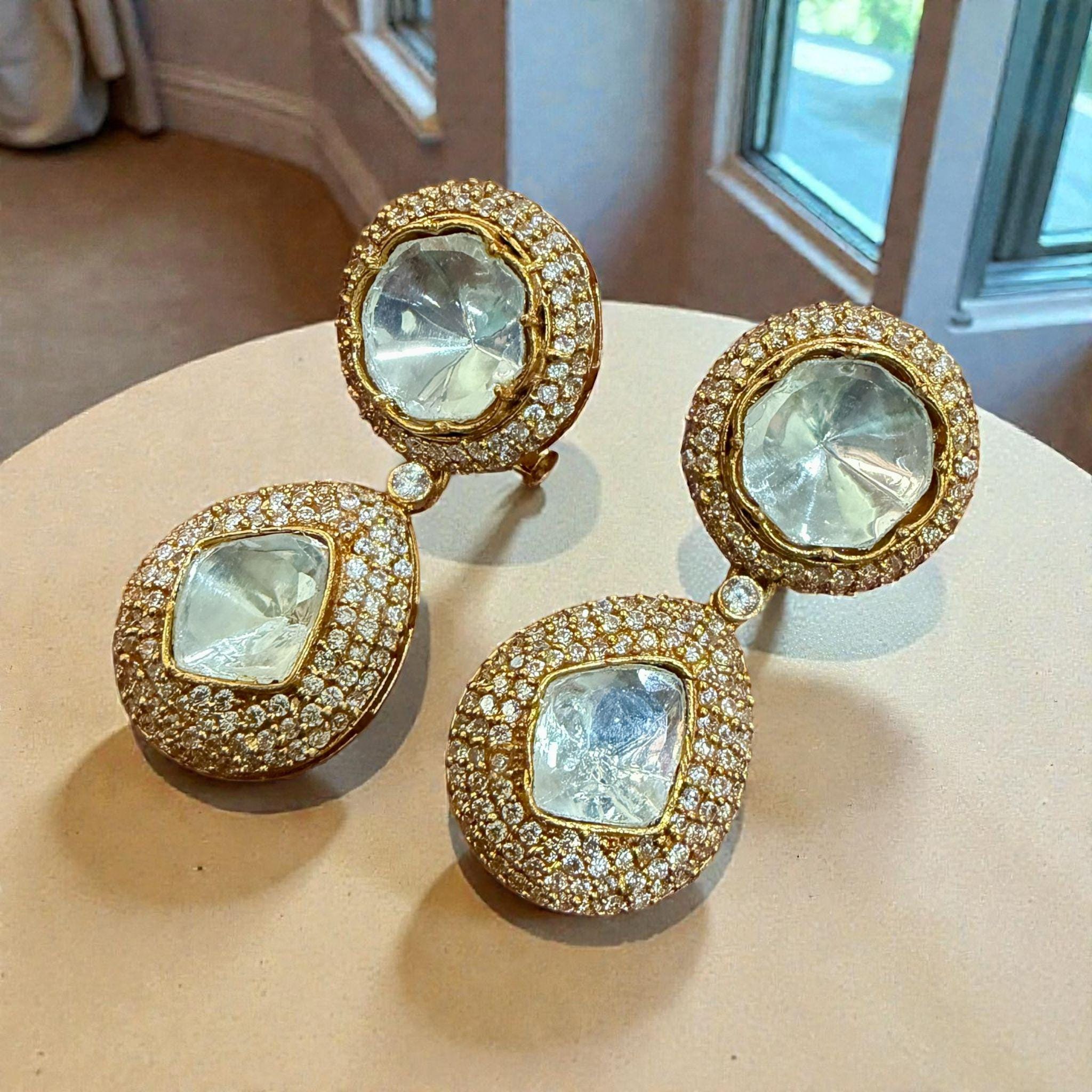 Gold Tone Double Drop Earrings | Clear Stone Pavé Bridal Jewelry - Image 2