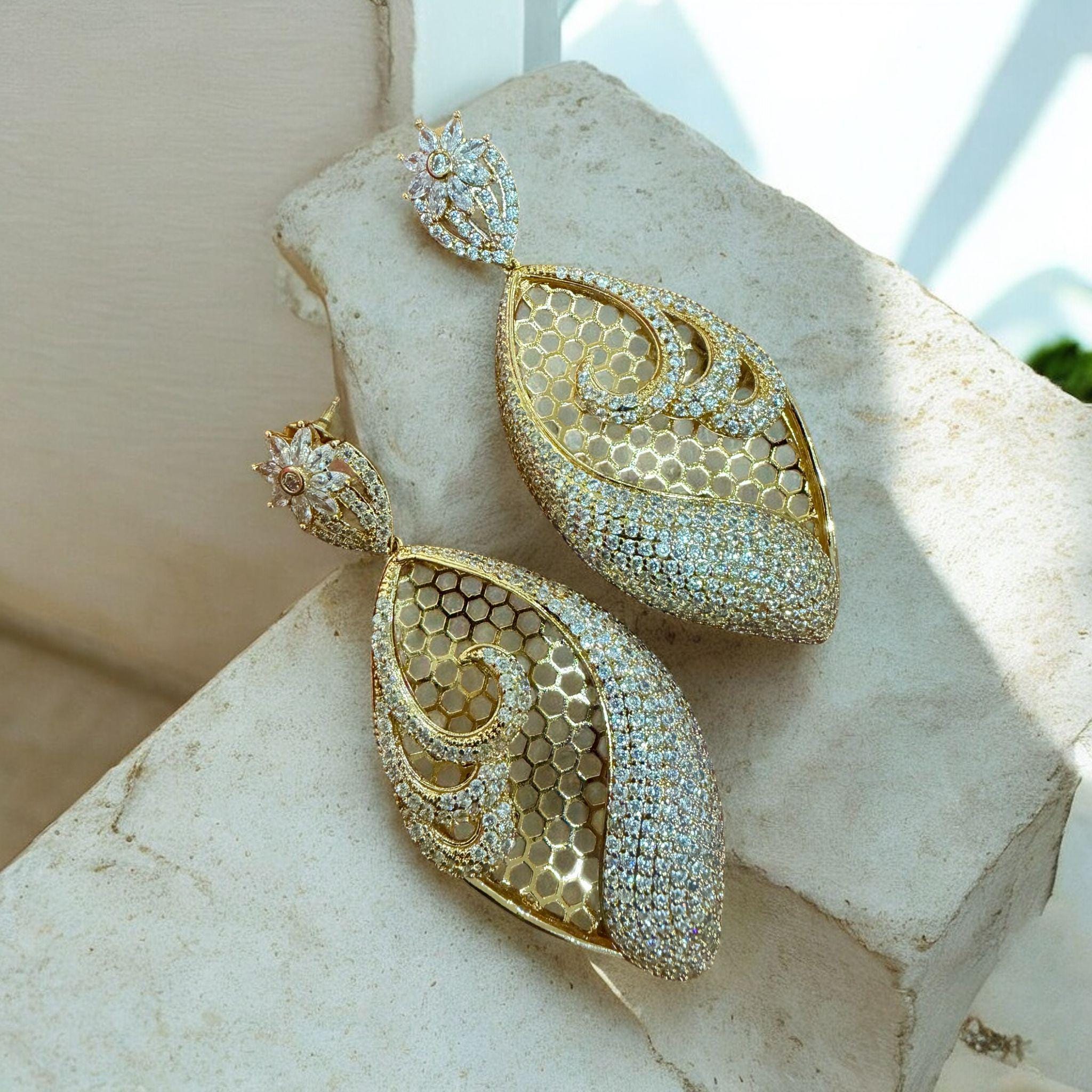 Gold Paisley large Earrings | Luxury CZ Drop Earrings | Indian Wedding Statement Jewelry - Image 3