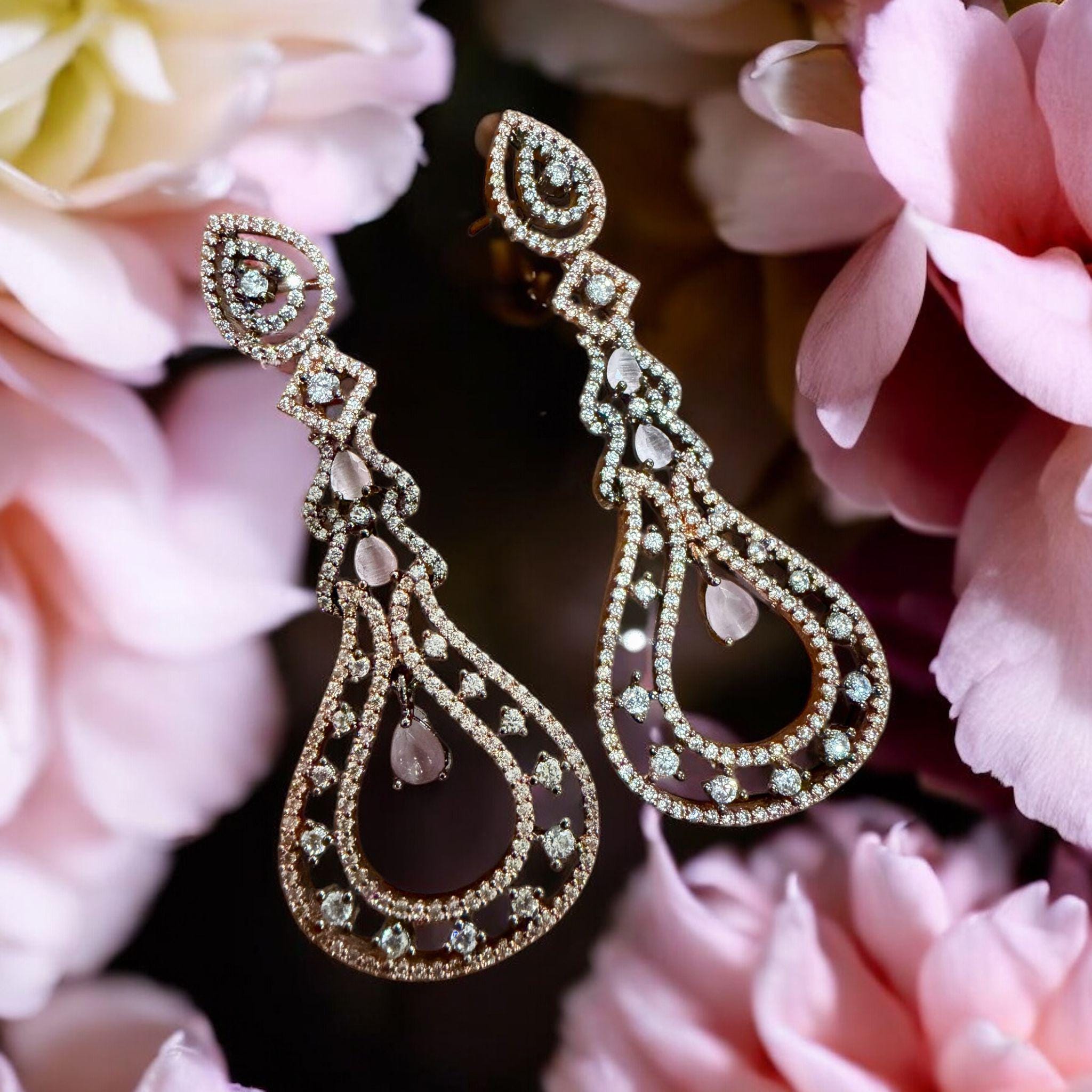 Pink Teardrop high end Earrings | CZ Crystal Bridal Statement Earrings | Wedding Jewelry - Image 2