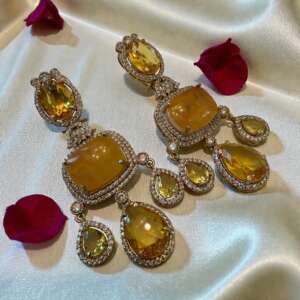 Yellow doublet  Drop designer high end  Earrings | 22K Gold Plated Bridal/party Jewelry