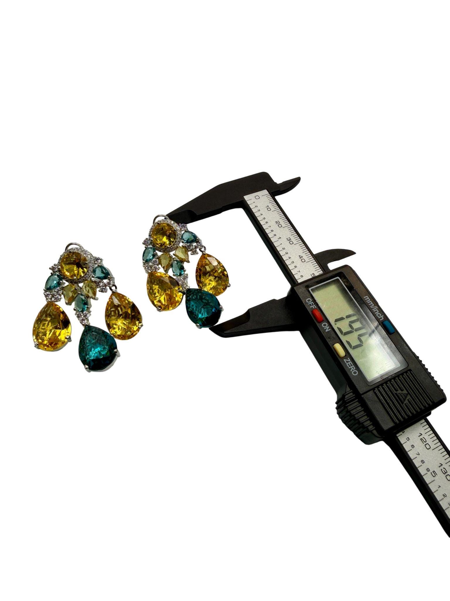 Multi Gemstone Drop Earrings with Yellow Citrine and Teal Quartz, Luxury Statement Jewelry
