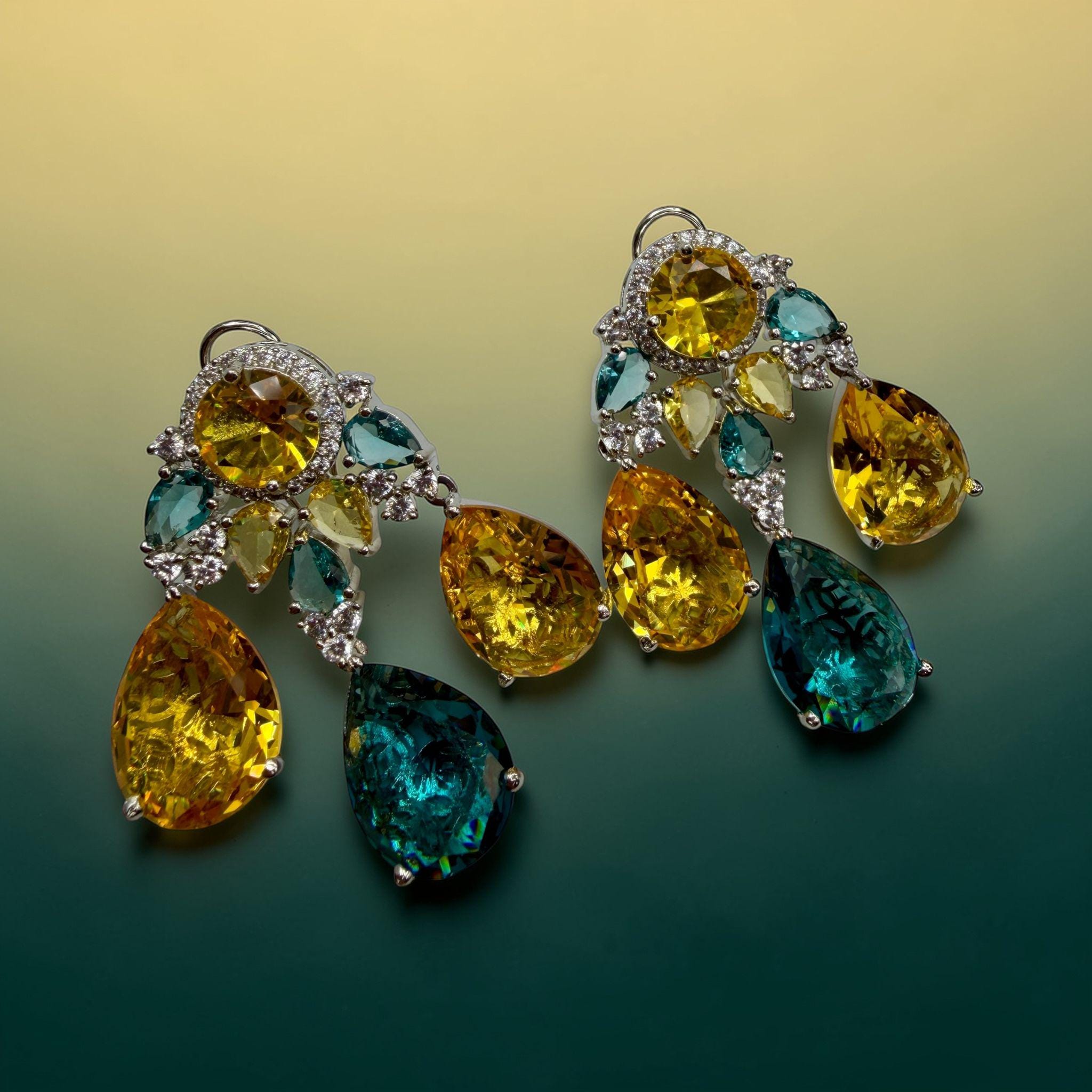 Multi Gemstone Drop Earrings with Yellow Citrine and Teal Quartz, Luxury Statement Jewelry - Image 4