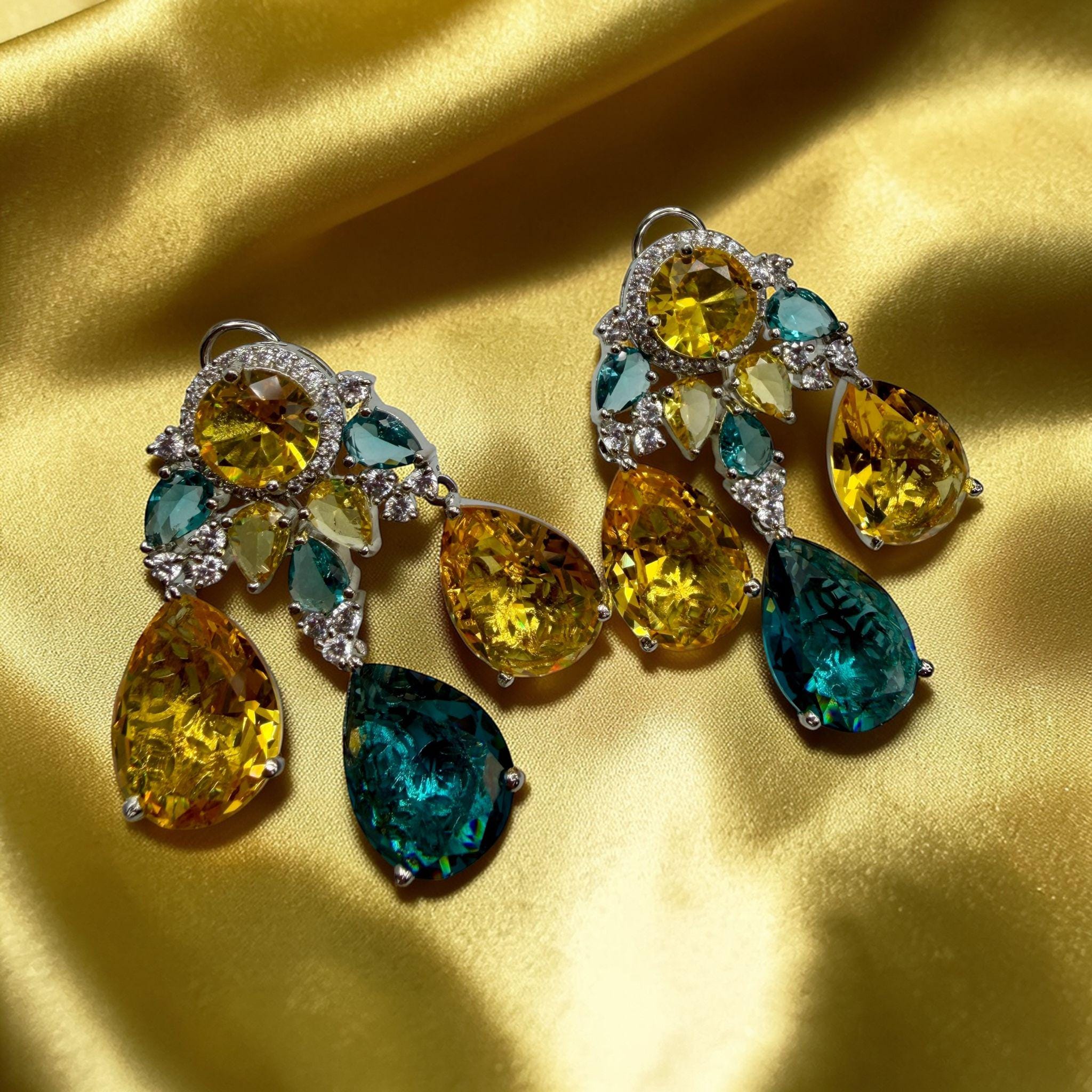 Multi Gemstone Drop Earrings with Yellow Citrine and Teal Quartz, Luxury Statement Jewelry - Image 3