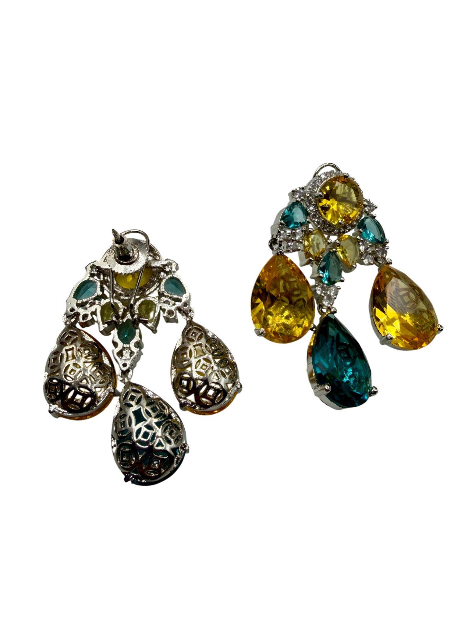 Multi Gemstone Drop Earrings with Yellow Citrine and Teal Quartz, Luxury Statement Jewelry - Image 5