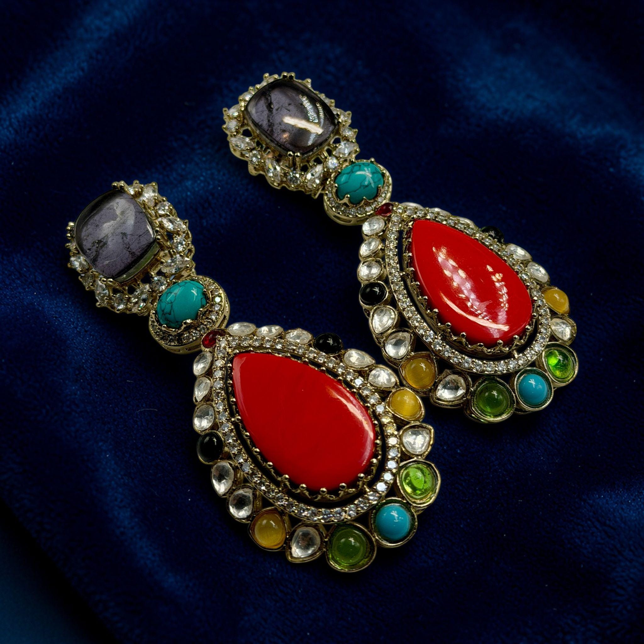 Multi Gemstone Statement Drop Earrings, Gold Plated Luxury Jewelry, Sabya Sachi Style
