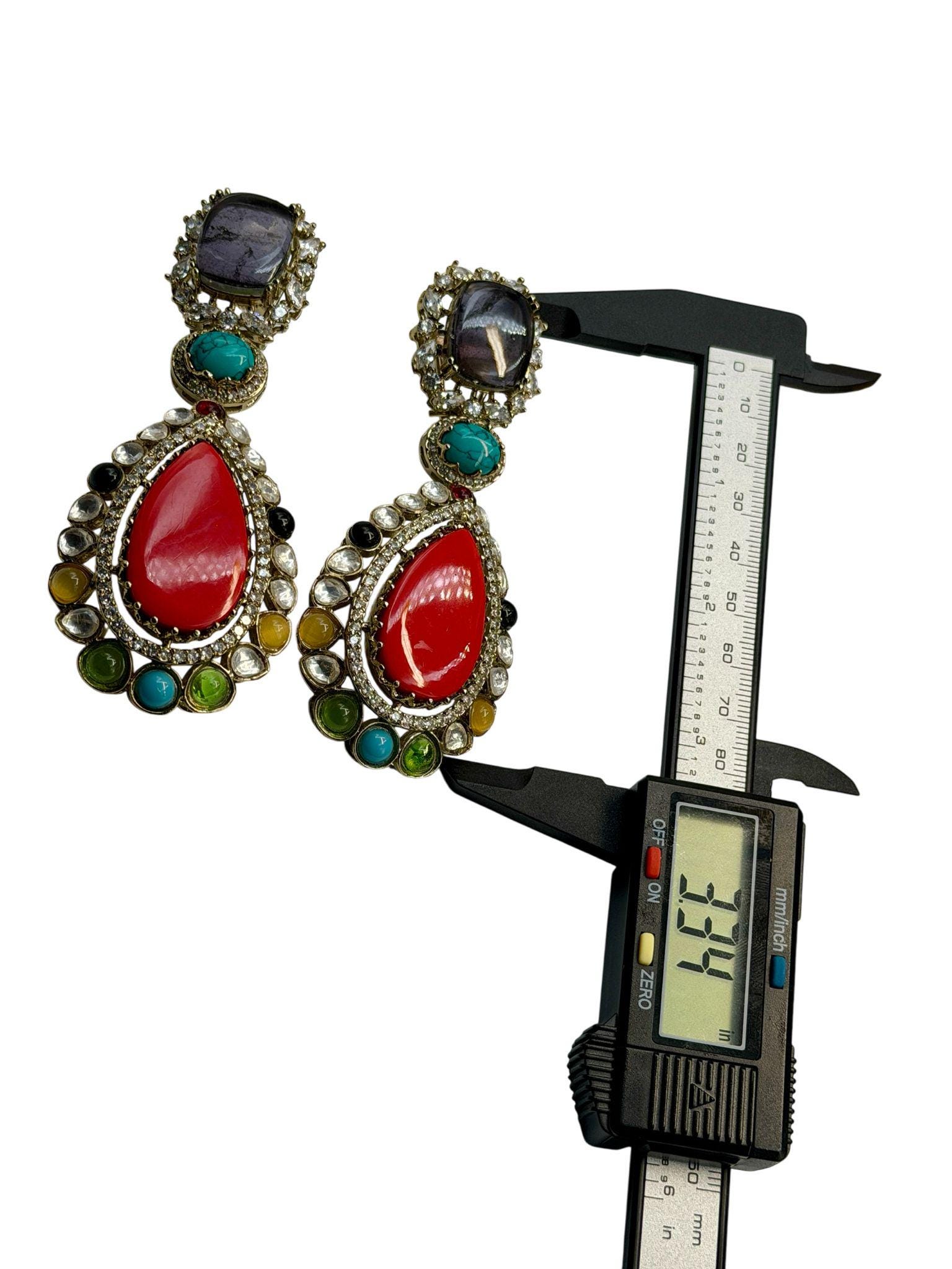 Multi Gemstone Statement Drop Earrings, Gold Plated Luxury Jewelry, Sabya Sachi Style - Image 2