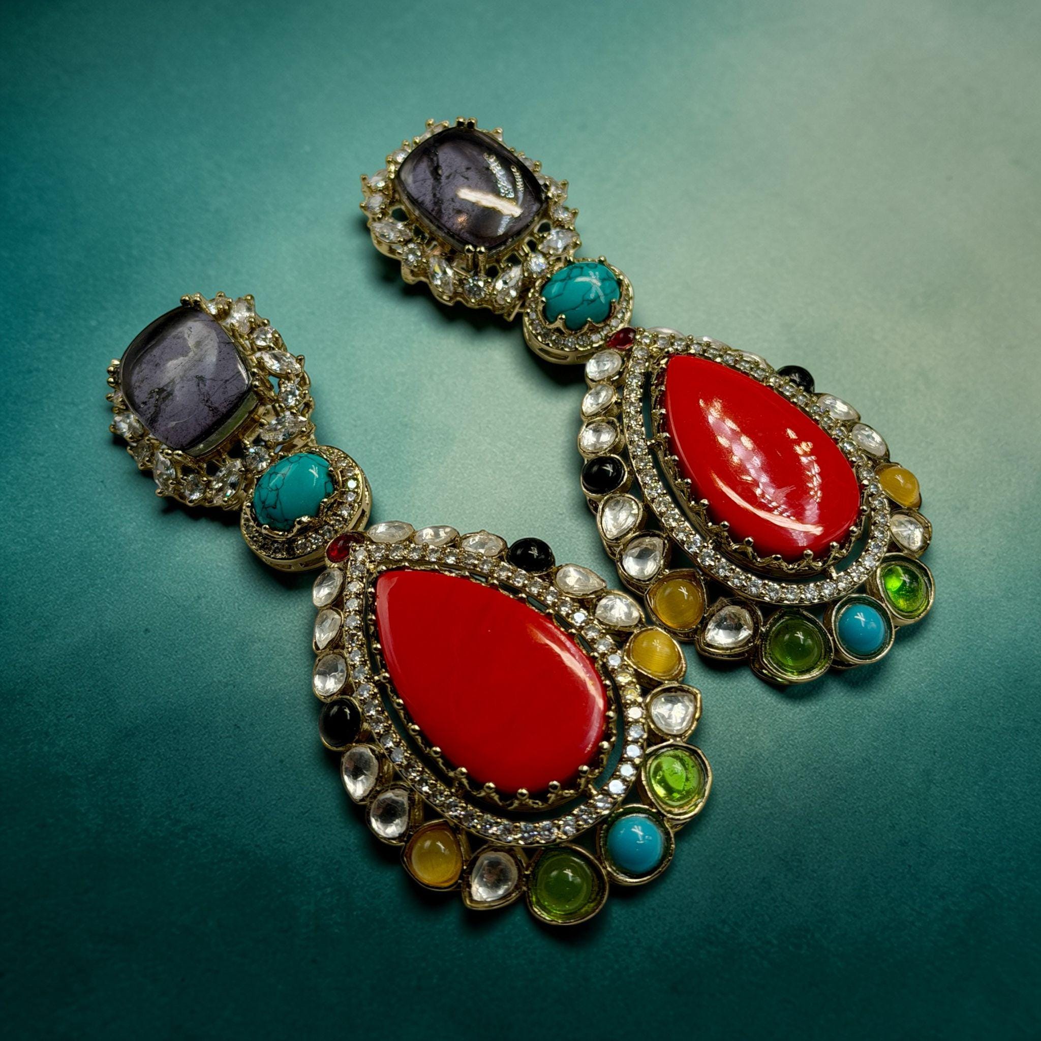 Multi Gemstone Statement Drop Earrings, Gold Plated Luxury Jewelry, Sabya Sachi Style - Image 3