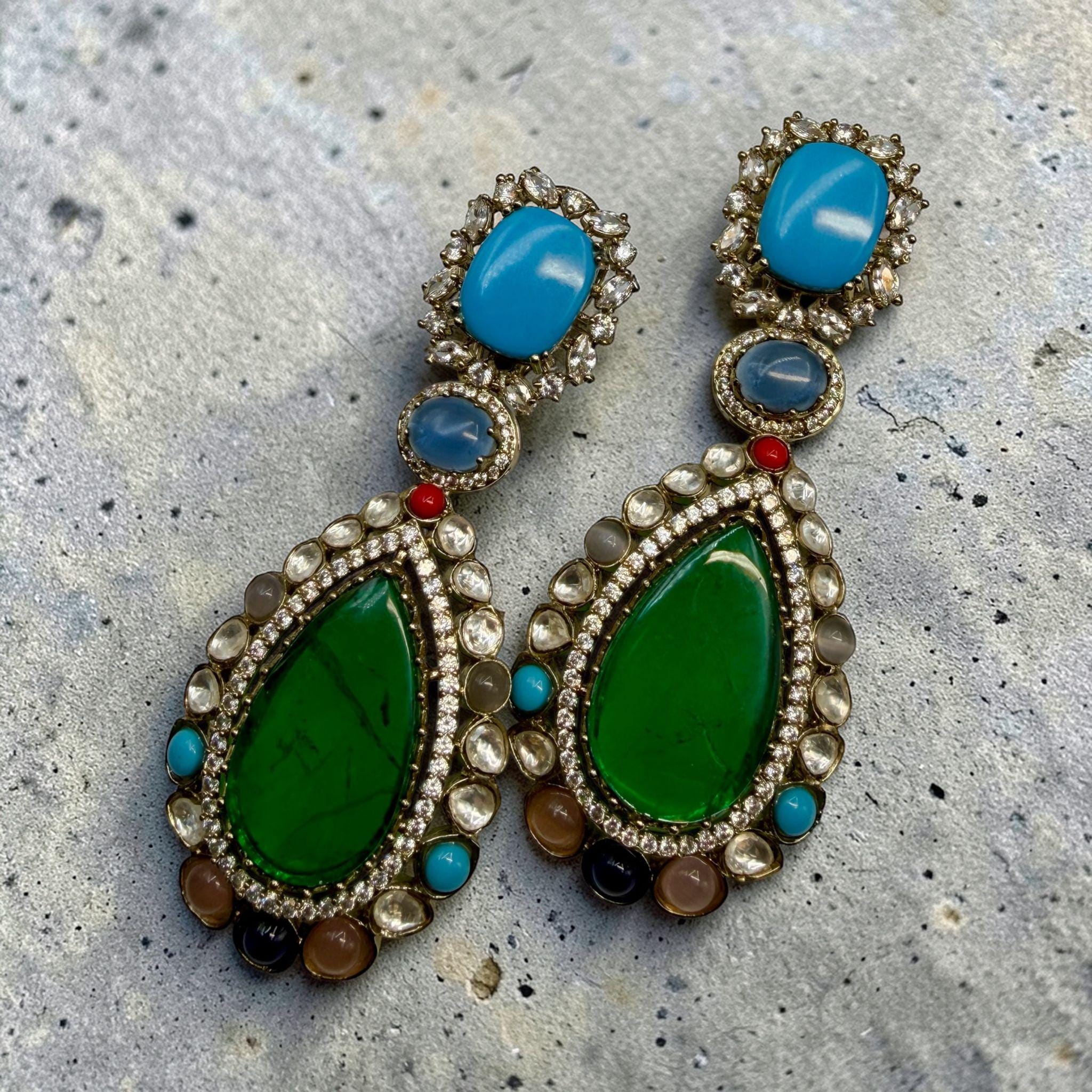 Multi Gemstone Statement Drop Earrings, Gold Plated Luxury Jewelry, Sabya Sachi Style - Image 5