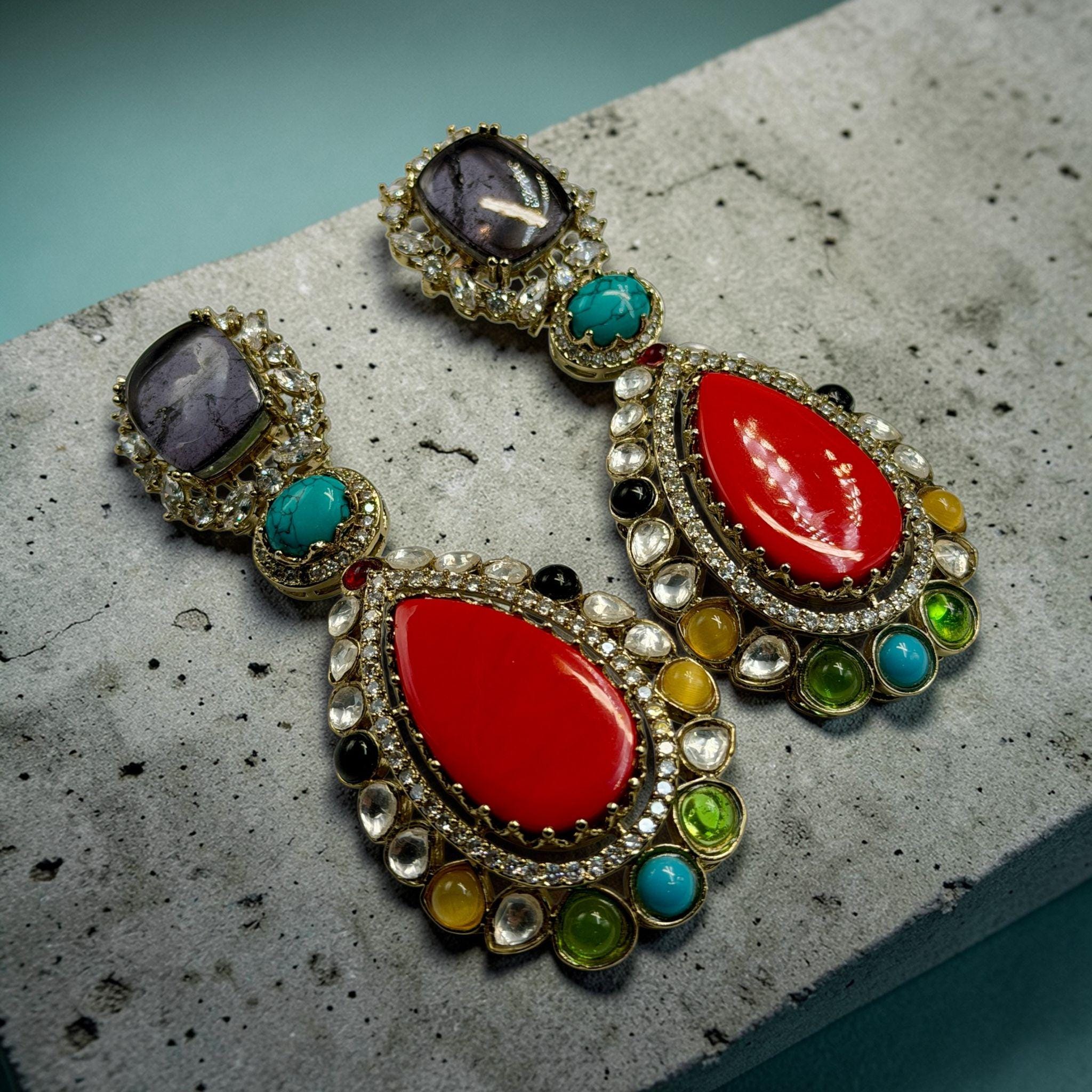Multi Gemstone Statement Drop Earrings, Gold Plated Luxury Jewelry, Sabya Sachi Style - Image 6