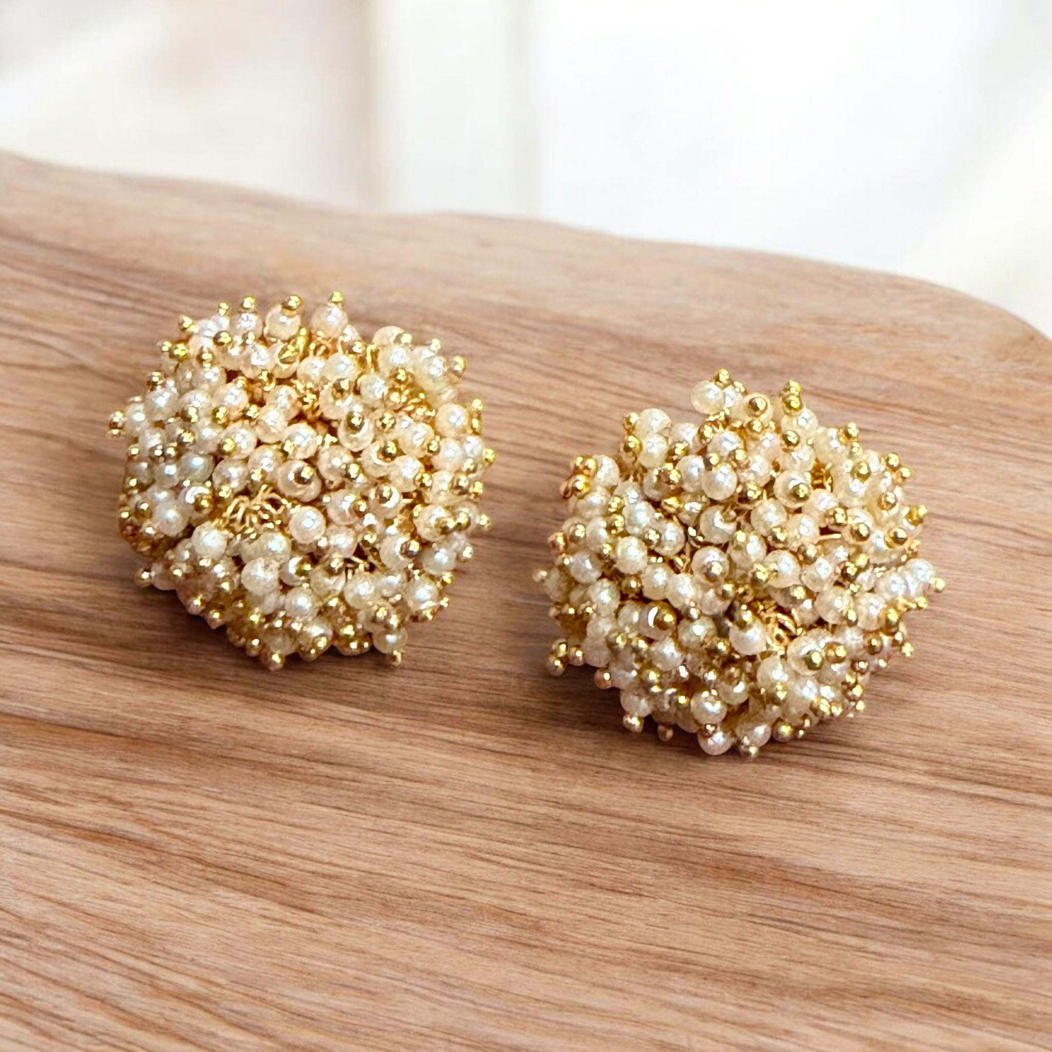 Pearl Cluster Stud Earrings | Handwoven Bridal Studs | Minimal Wedding & Festive Jewelry - Image 2