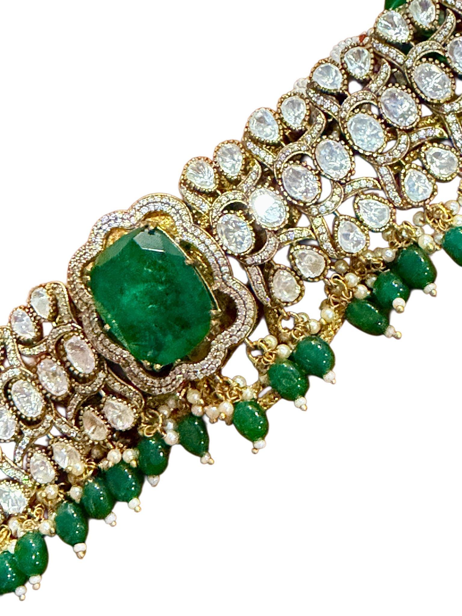 Emerald Green monzonite Choker Set | Bridal Necklace & Earrings | Traditional Wedding Jewelry - Image 4