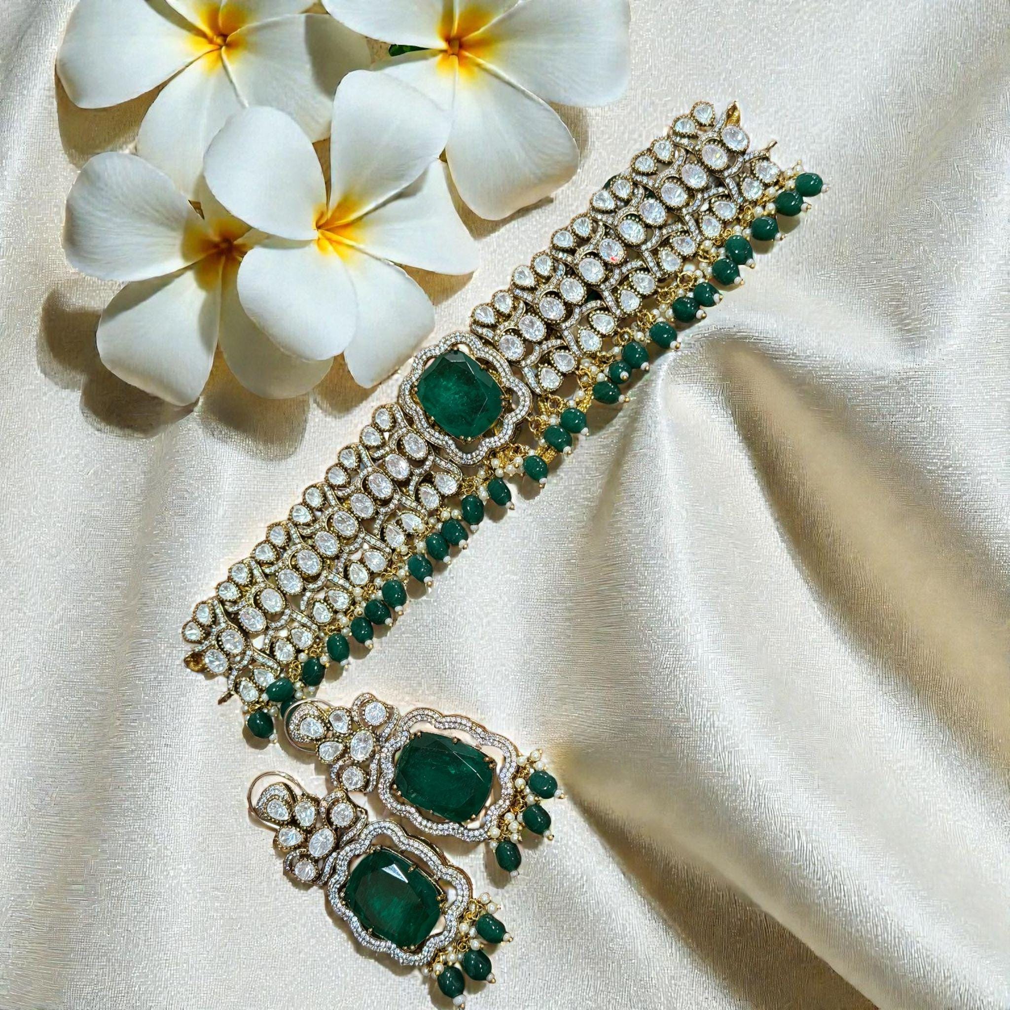Emerald Green monzonite Choker Set | Bridal Necklace & Earrings | Traditional Wedding Jewelry - Image 2