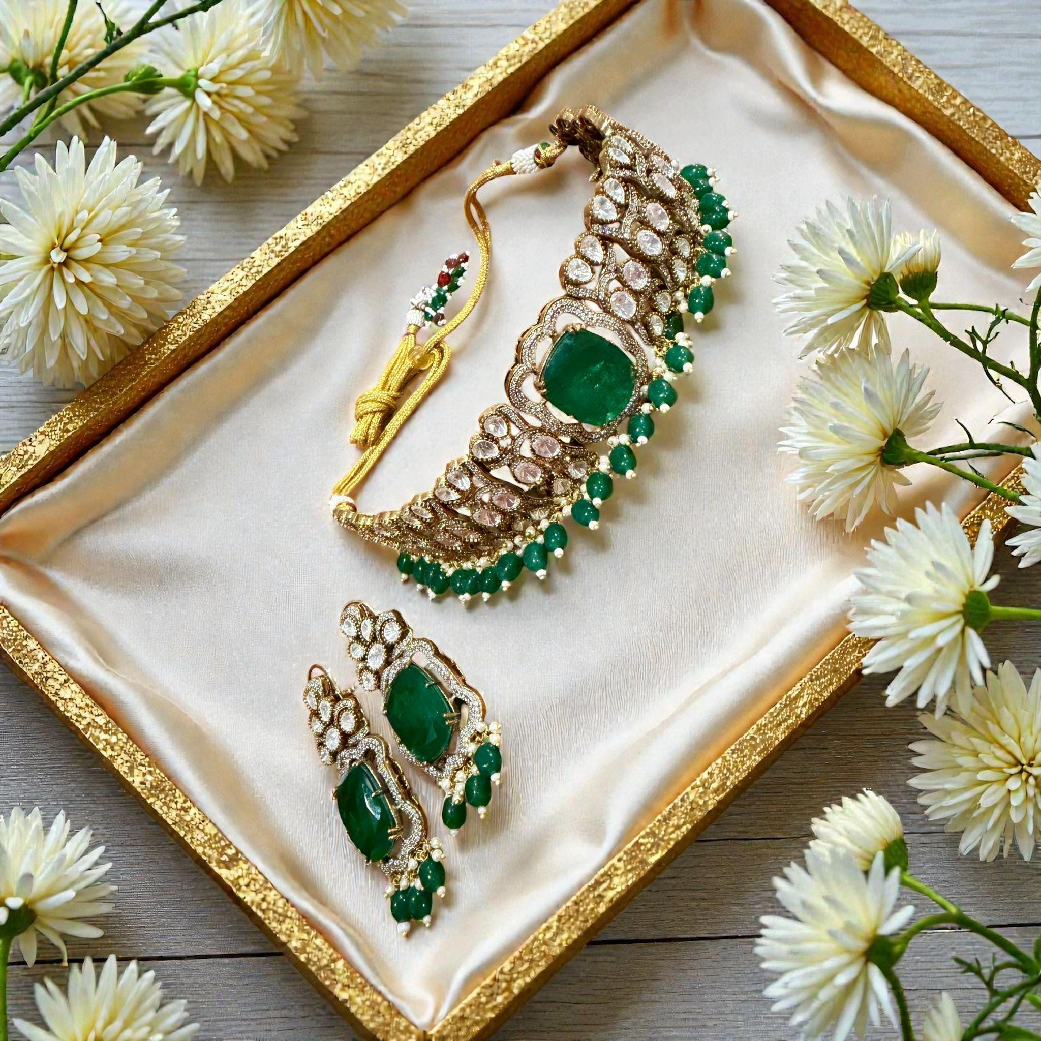 Emerald Green monzonite Choker Set | Bridal Necklace & Earrings | Traditional Wedding Jewelry