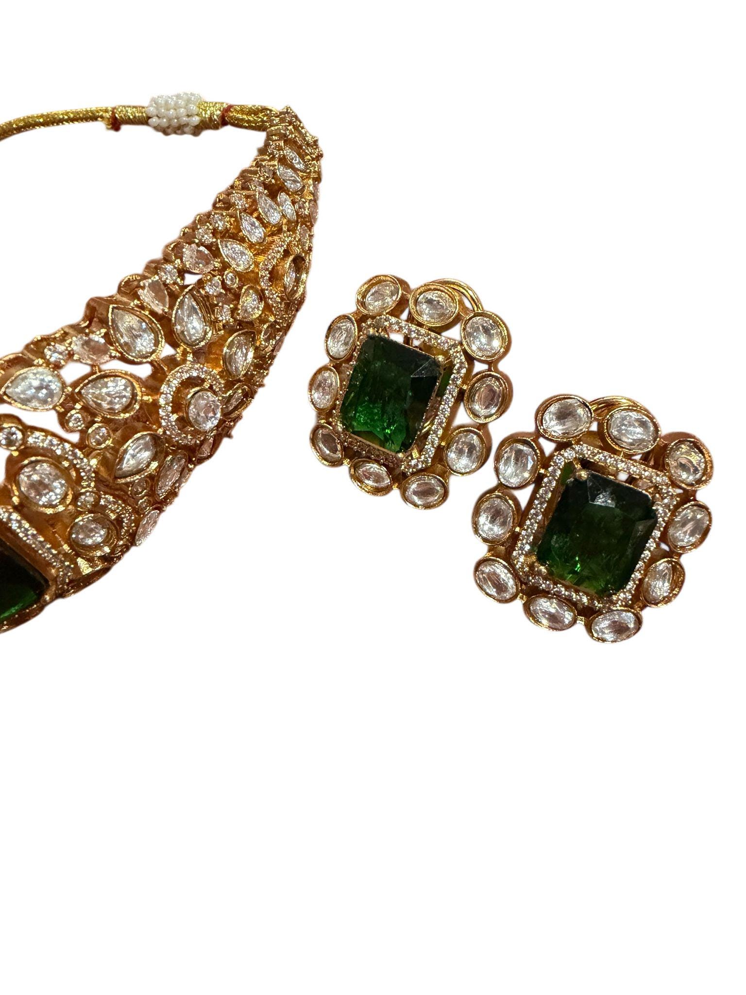 Regal Green monzonite Choker Set with Matching Stud Earrings | Vintage Bridal Statement Jewelry - Image 4