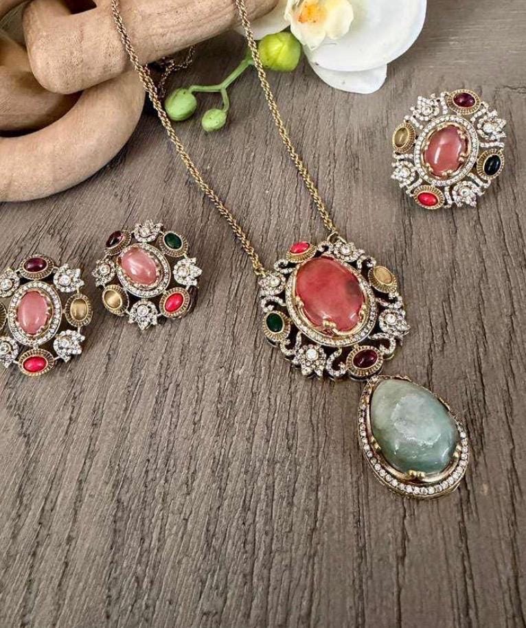 Vintage Style Statement Necklace Earrings and Ring with Oval Pendant , Gold Plated Bridal Jewelry - Image 3