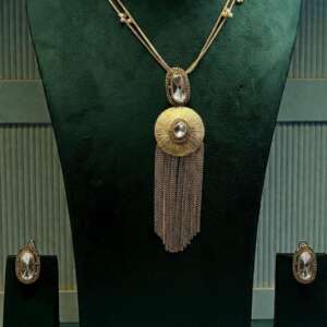 Radiant Disc Tassel Necklace Set with Crystal Accents | Long Fringe Pendant & Matching Earrings