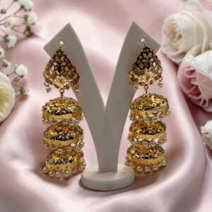 Gold Plated Pearl Jhumka Earrings, CZ Stone Bridal Statement Jewelry