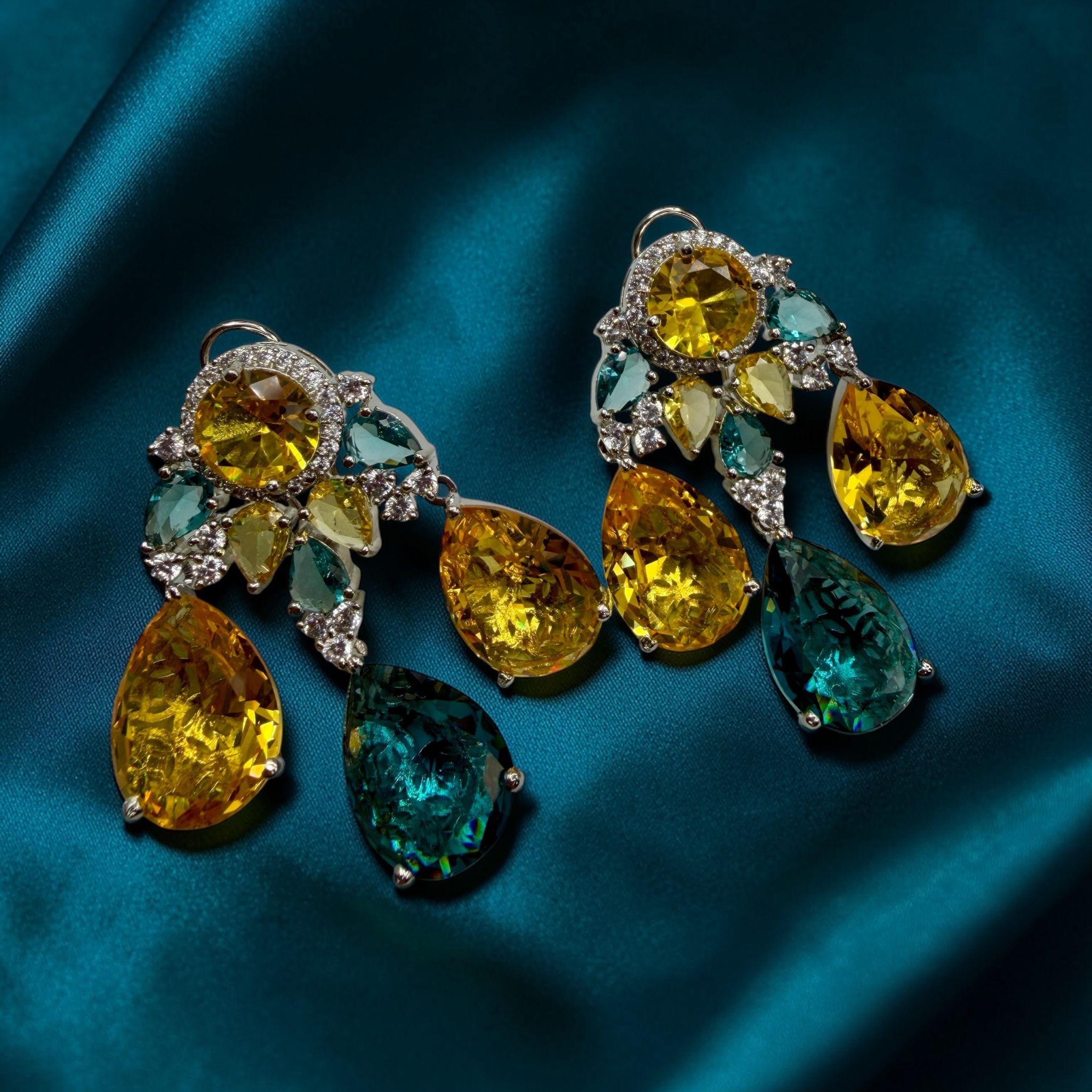 Multi Gemstone Drop Earrings with Yellow Citrine and Teal Quartz, Luxury Statement Jewelry - Image 2