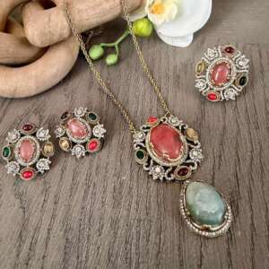 Vintage Style Statement Necklace Earrings  and Ring with Oval Pendant , Gold Plated Bridal Jewelry